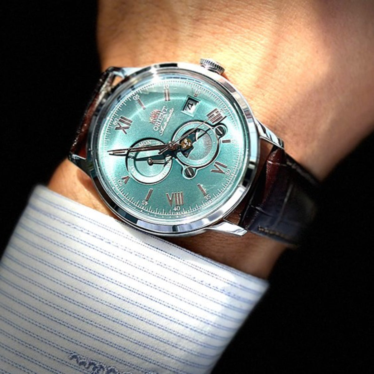 Orient Bambino Sun & Moon Green Dial Leather Strap Men's Watch RA-AK0805E30B