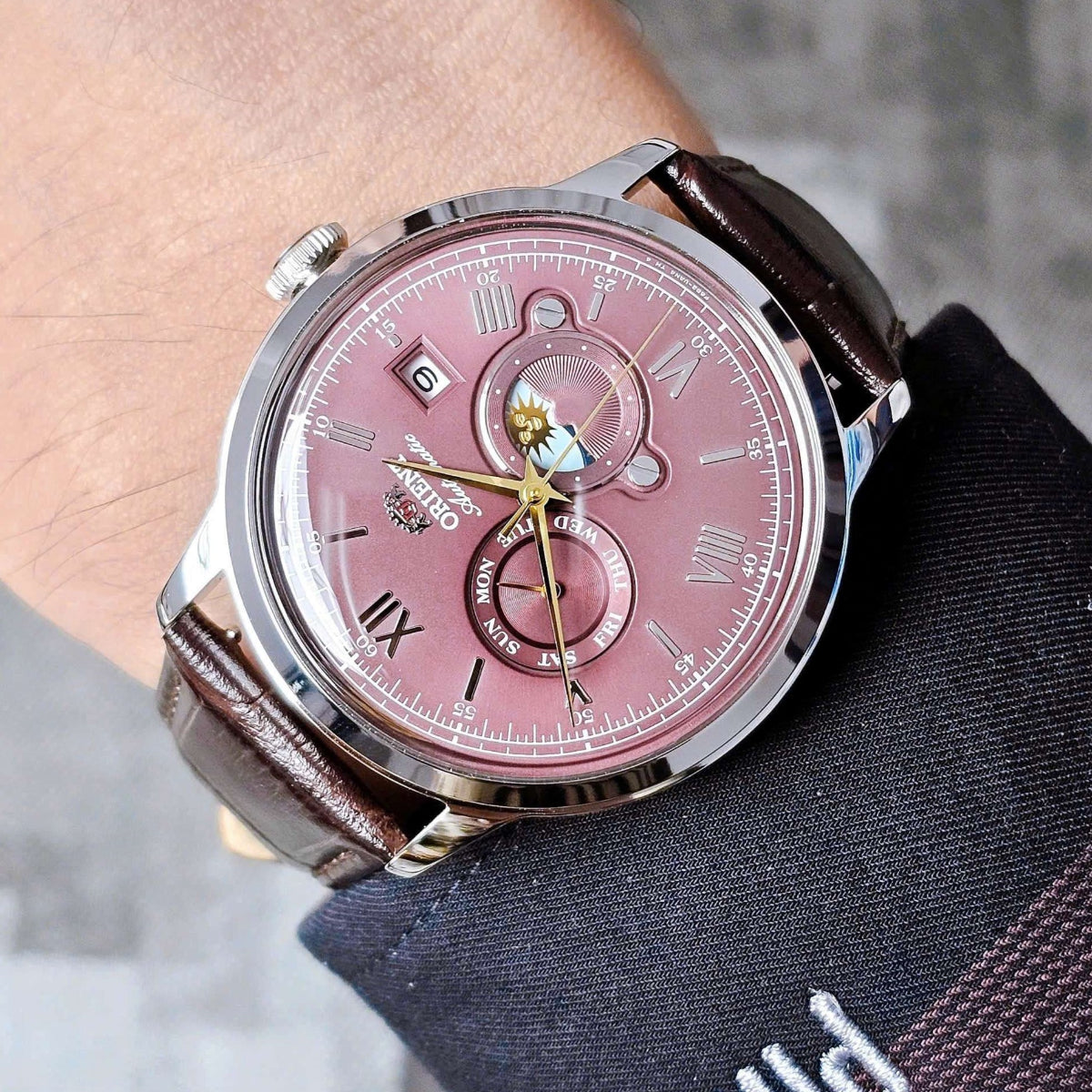 Orient Bambino Sun & Moon Red Dial Leather Strap Men's Watch RA-AK0807R30B