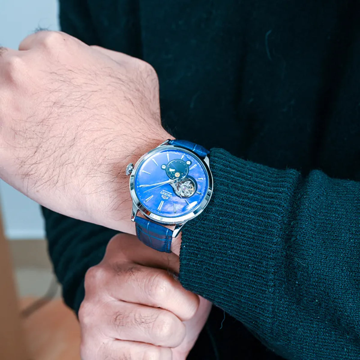 Orient Sun & Moon 41.5mm Blue Dial Leather Mens Automatic Watch RA-AS0103A30B