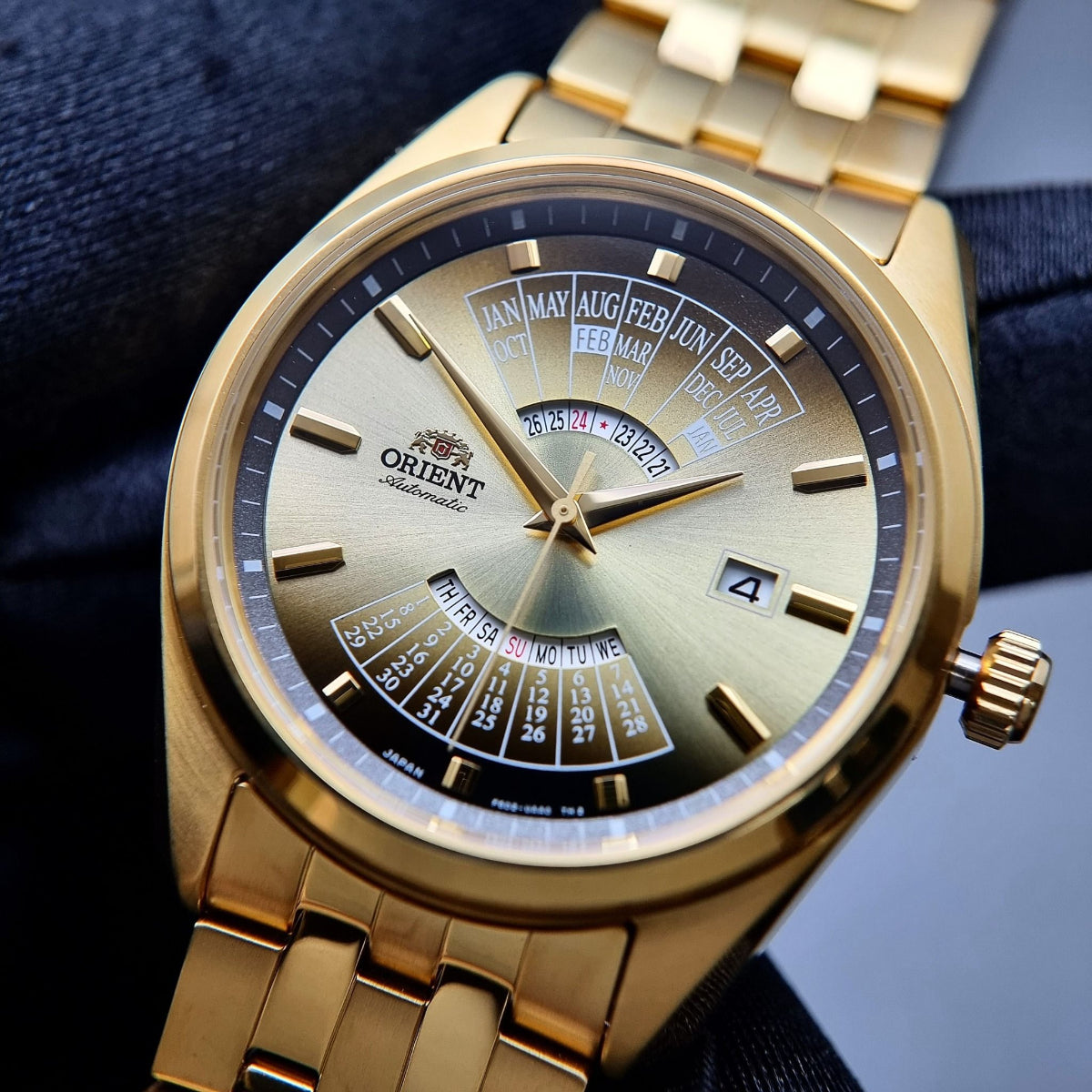 Orient Contemporary Multi-Year Calendar Automatic Champagne Dial Steel Strap Men’s Watch RA-BA0001G30B