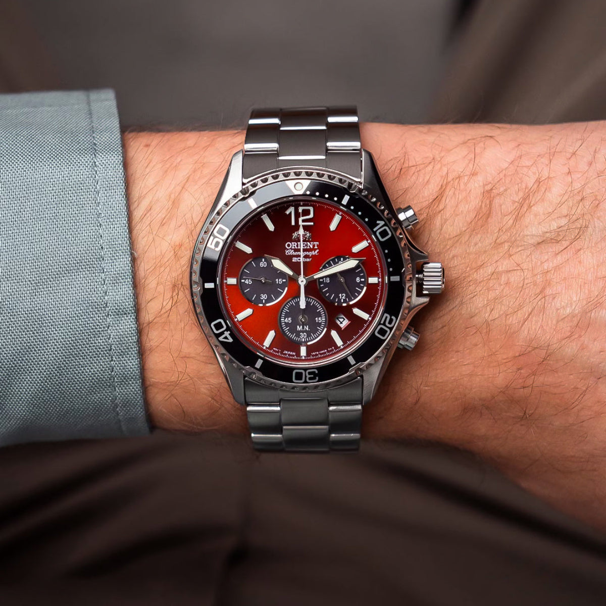 Orient Mako Solar Quartz Red Dial Steel Strap Men’s Dive Watch RA-TX0207R10B