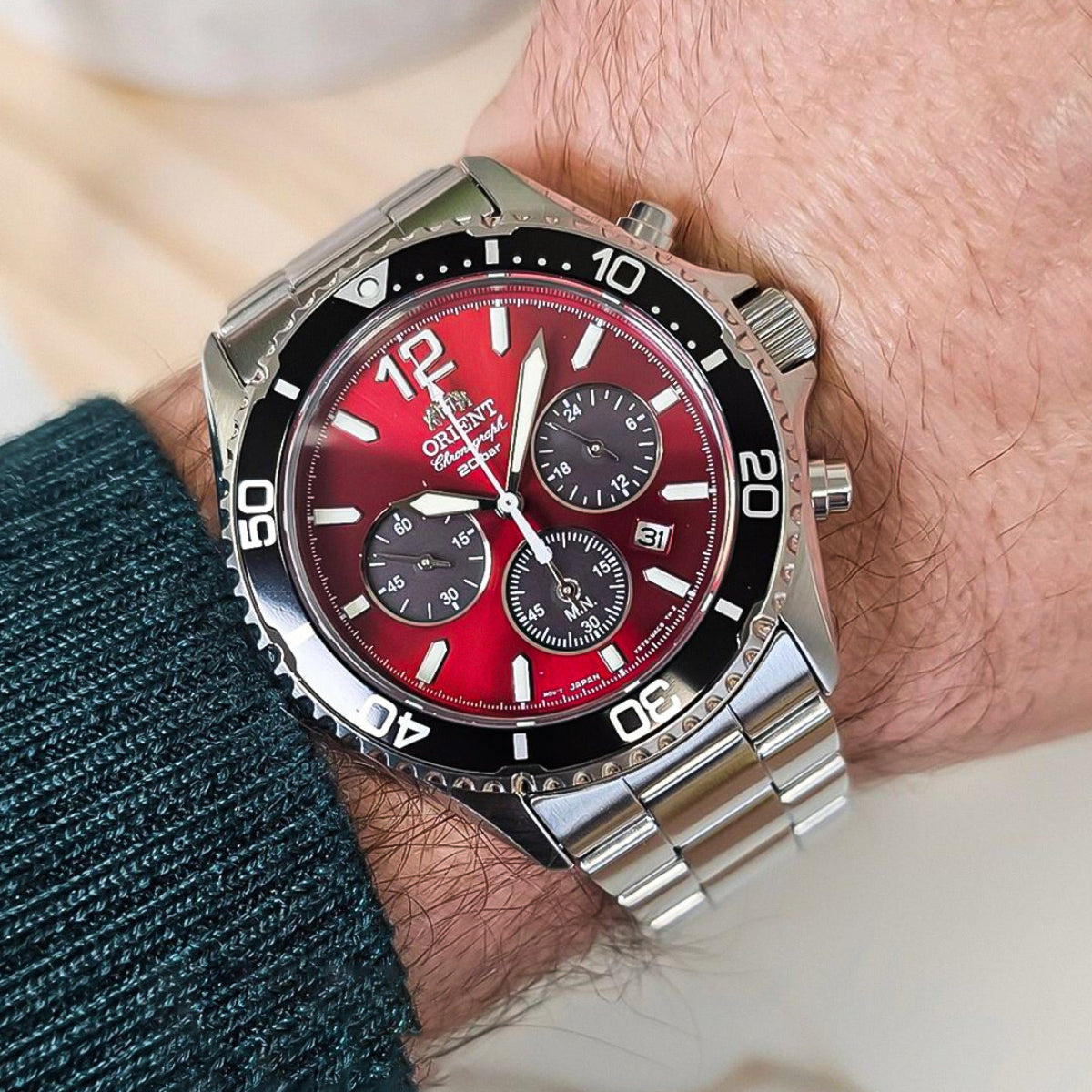 Orient Mako 43mm Chronograph Red Dial Solar Watch RA-TX0207R10B