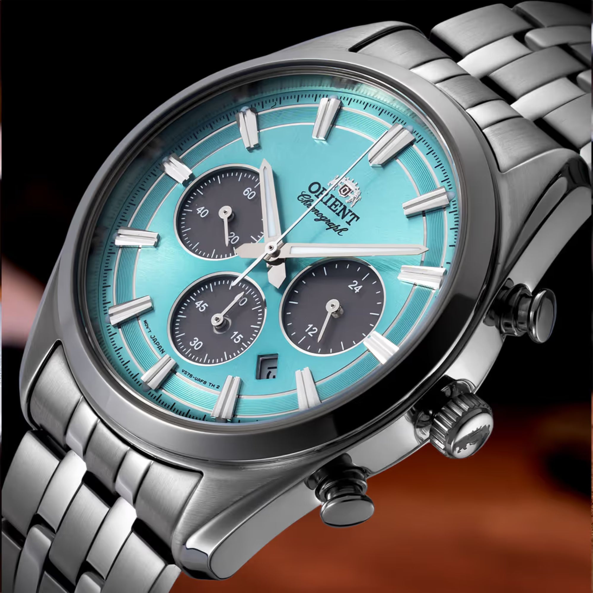 Orient Contemporary Stretto Date Solar Chronograph Blue Dial Steel Strap Men’s Watch RA-TX0304L10B