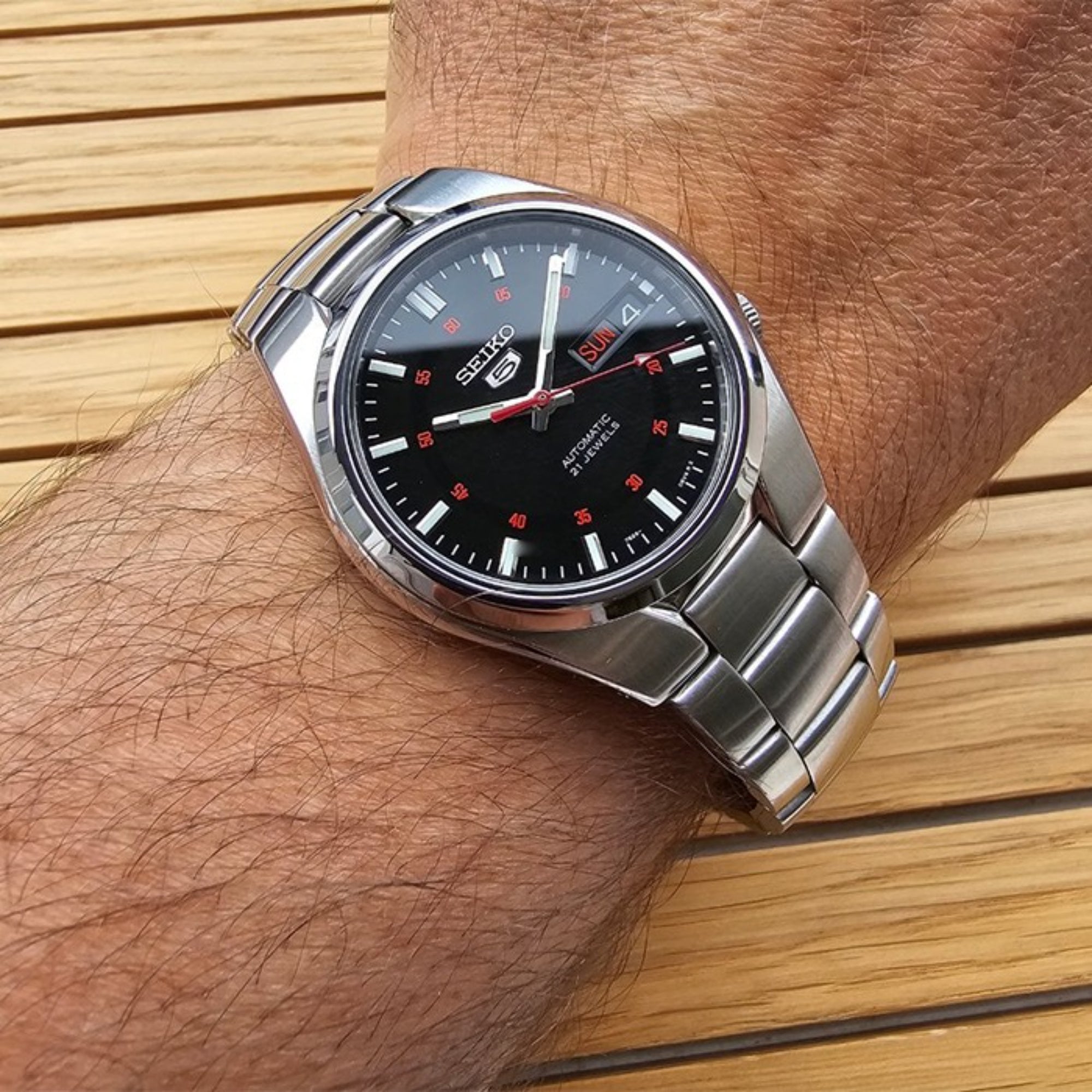 Seiko 5 Automatic Black Dial Red Marker Watch SNK617K1 | WatchNation