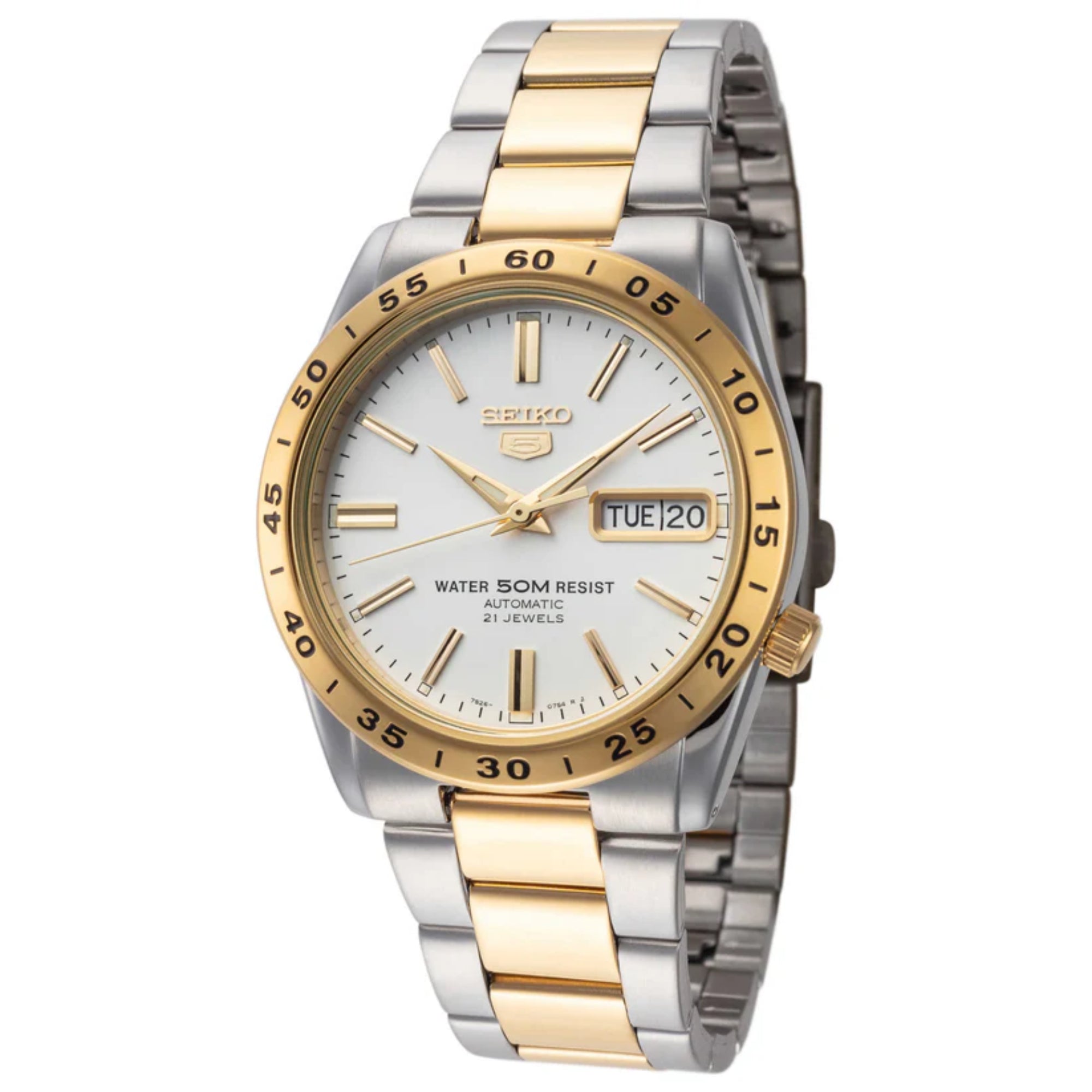 Seiko 5 Automatic White Dial Two Tone Gold/Silver Stainless Steel Men's Watch SNKE04K1