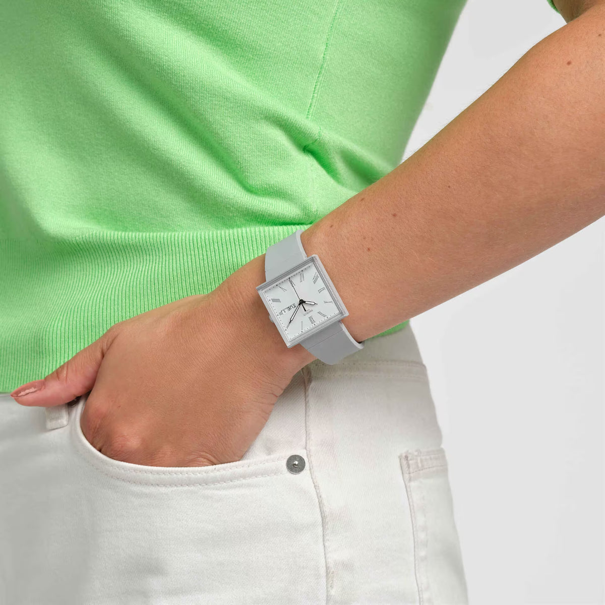 Swatch WHAT IF...GRAY? Square Bioceramic White Dial Bio-sourced Strap Watch SO34M700