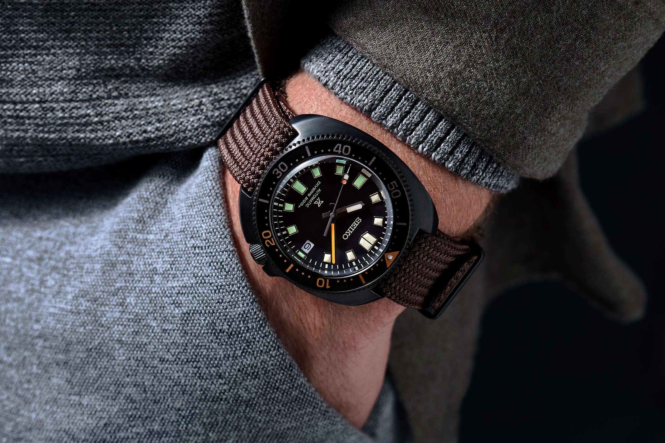 Seiko Prospex Black Series Heritage Collection 1970 Recreation Automatic Black Dial Brown Textile Strap Men's Watch SPB257J1