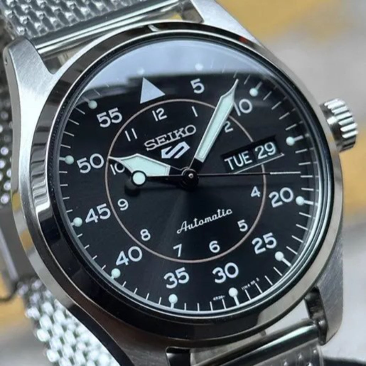 Seiko 5 Sports Flieger Pilot/Aviation Automatic Black Dial Milanese Bracelet Men's Watch SRPH23K1