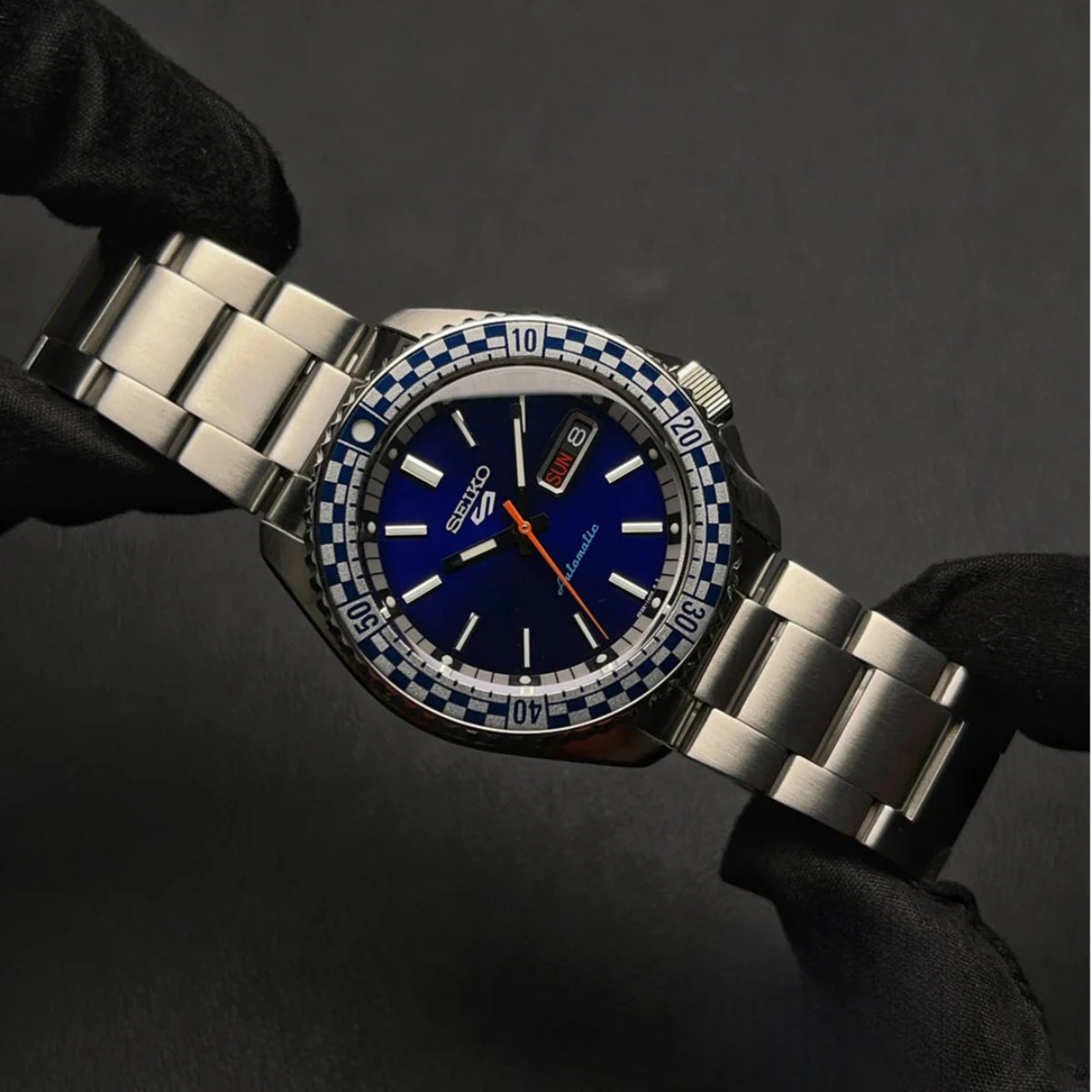 Seiko 5 Sports Checker Flag Automatic Blue Dial Stainless Steel Bracelet Men's Watch SRPK65K1