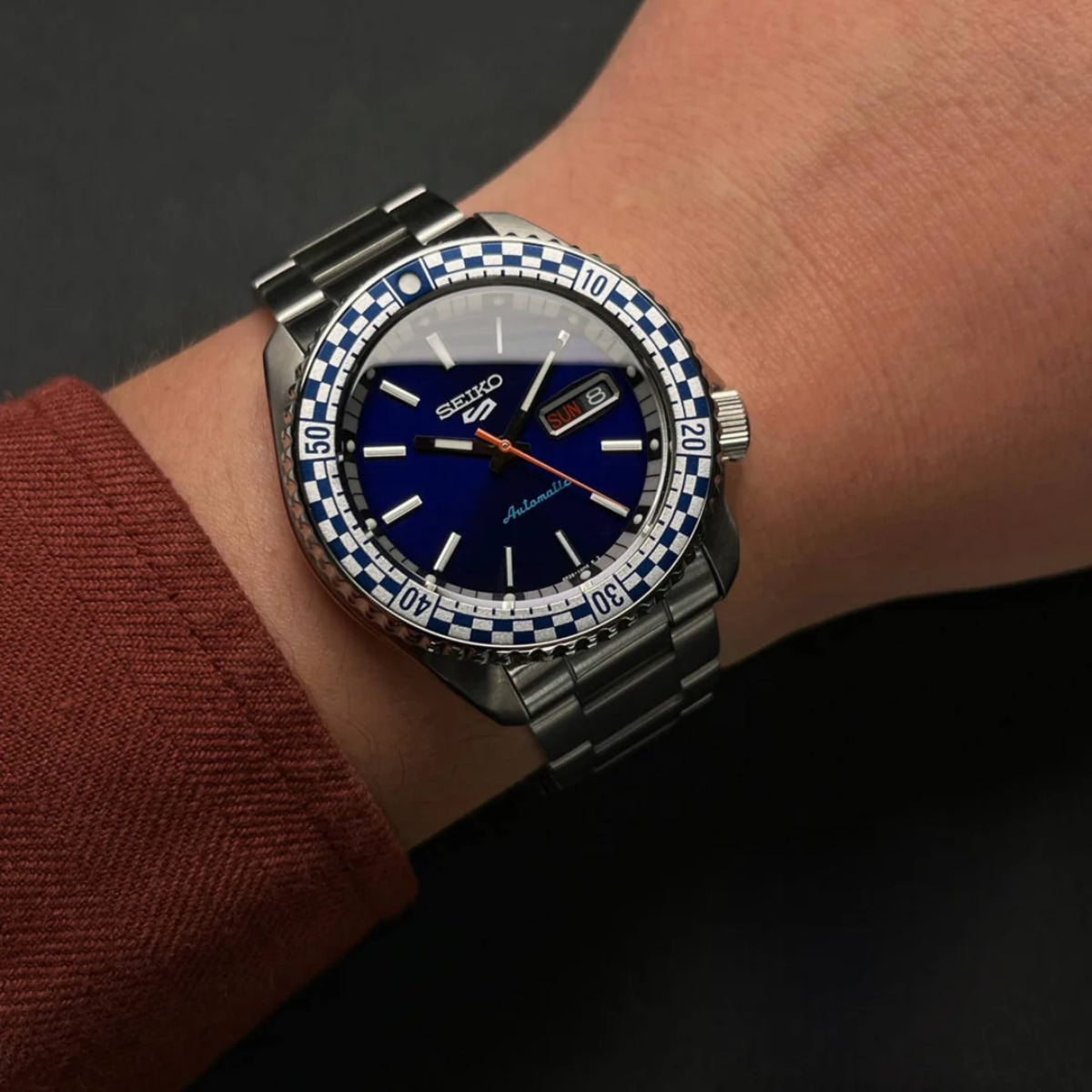 Seiko 5 Sports Checker Flag Automatic Blue Dial Steel Strap Men's Watch SRPK65K1