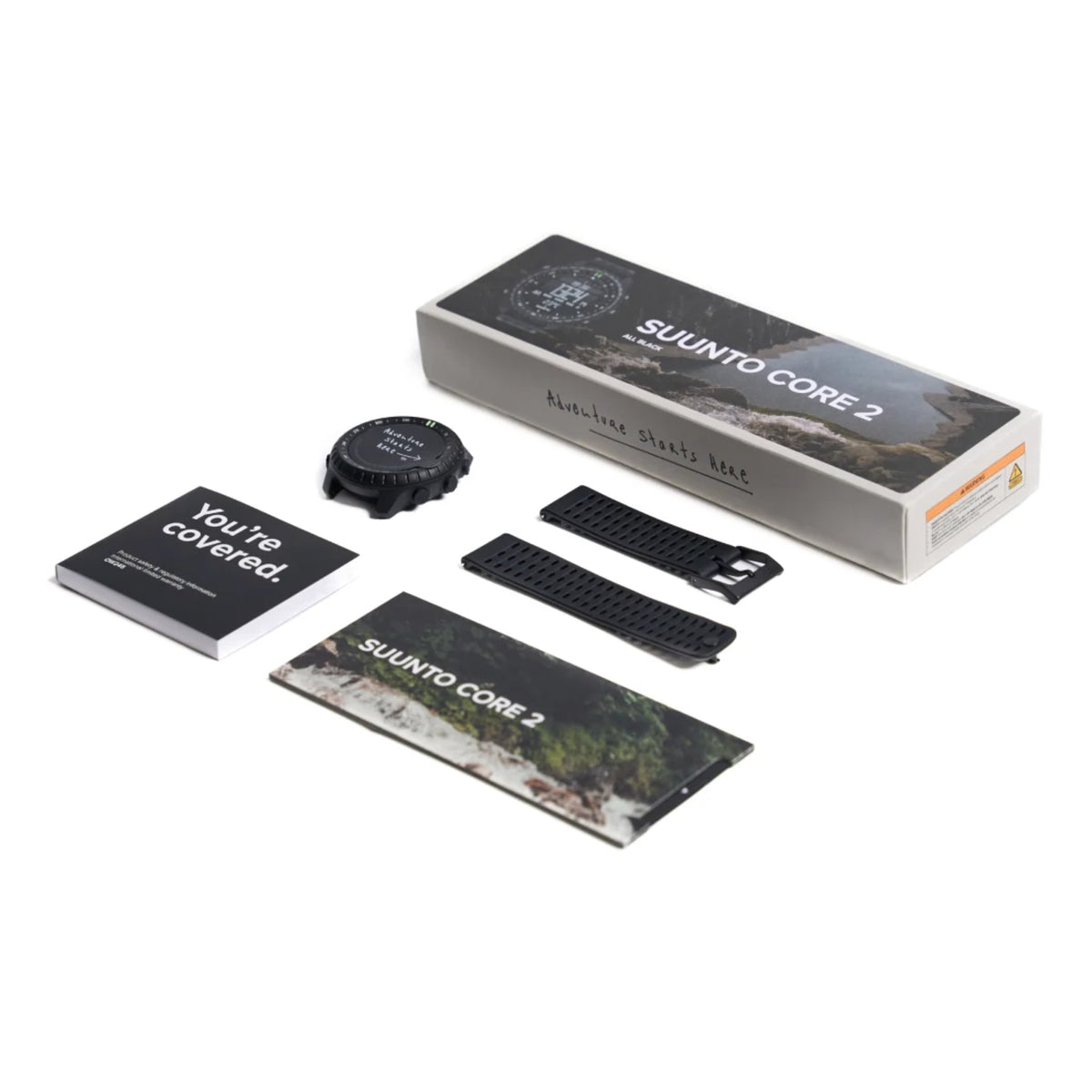 Suunto Core 2 SS051780000 packaging set showing retail box, watch head, silicone strap, and user manuals