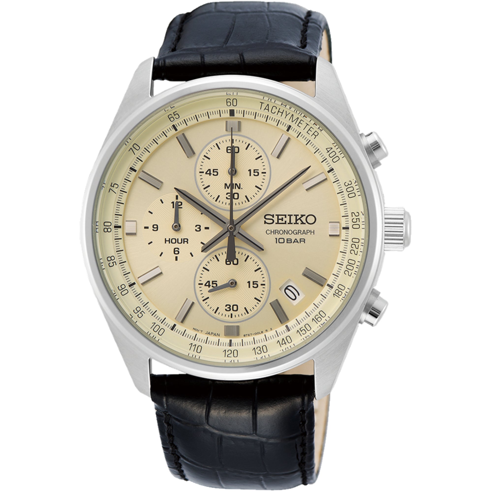 Seiko Conceptual Quartz Chronograph Beige Dial Black Leather Strap Men's Watch SSB383P1