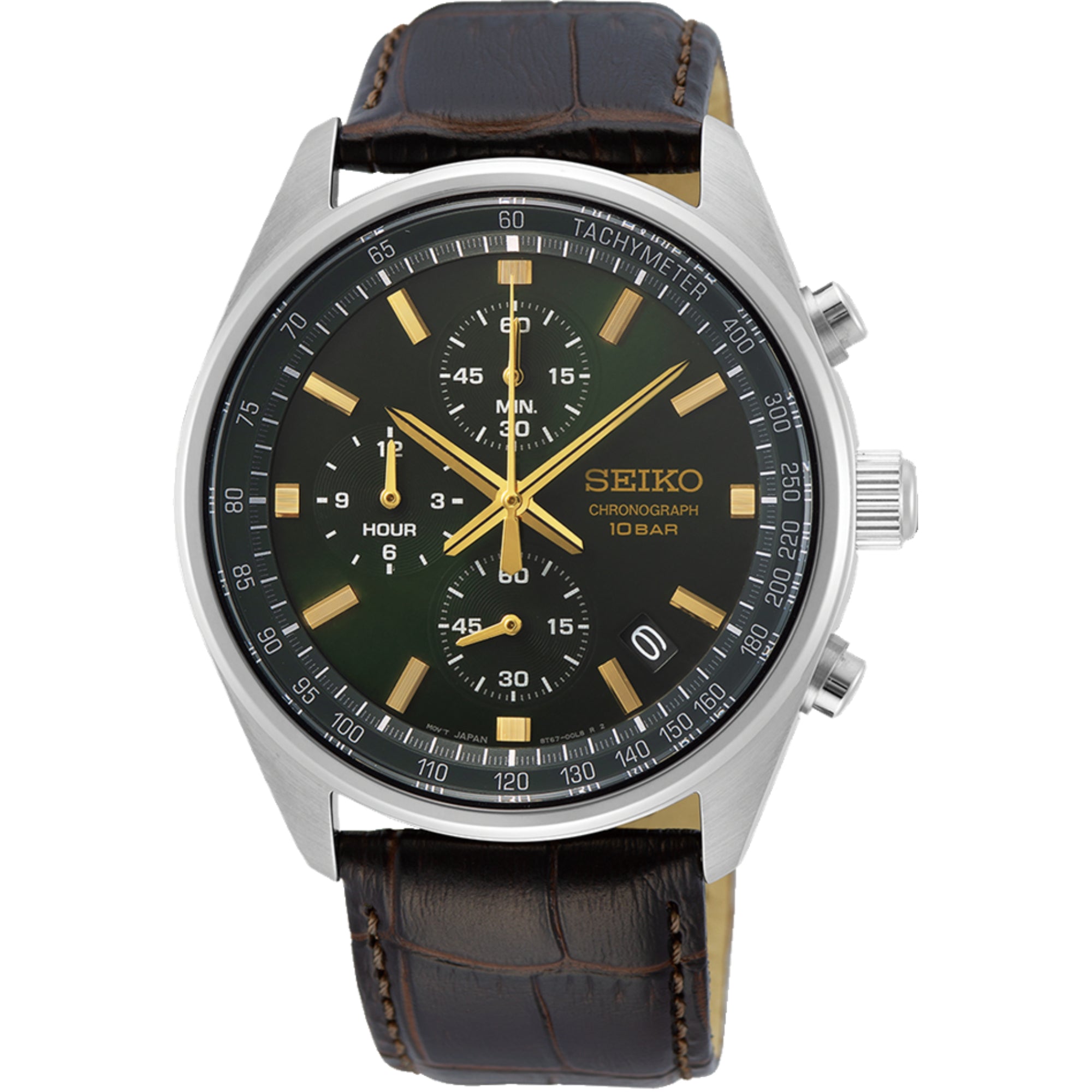 Seiko Conceptual Quartz Chronograph Green Sunburst Dial Brown Leather Strap Men's Watch SSB385P1