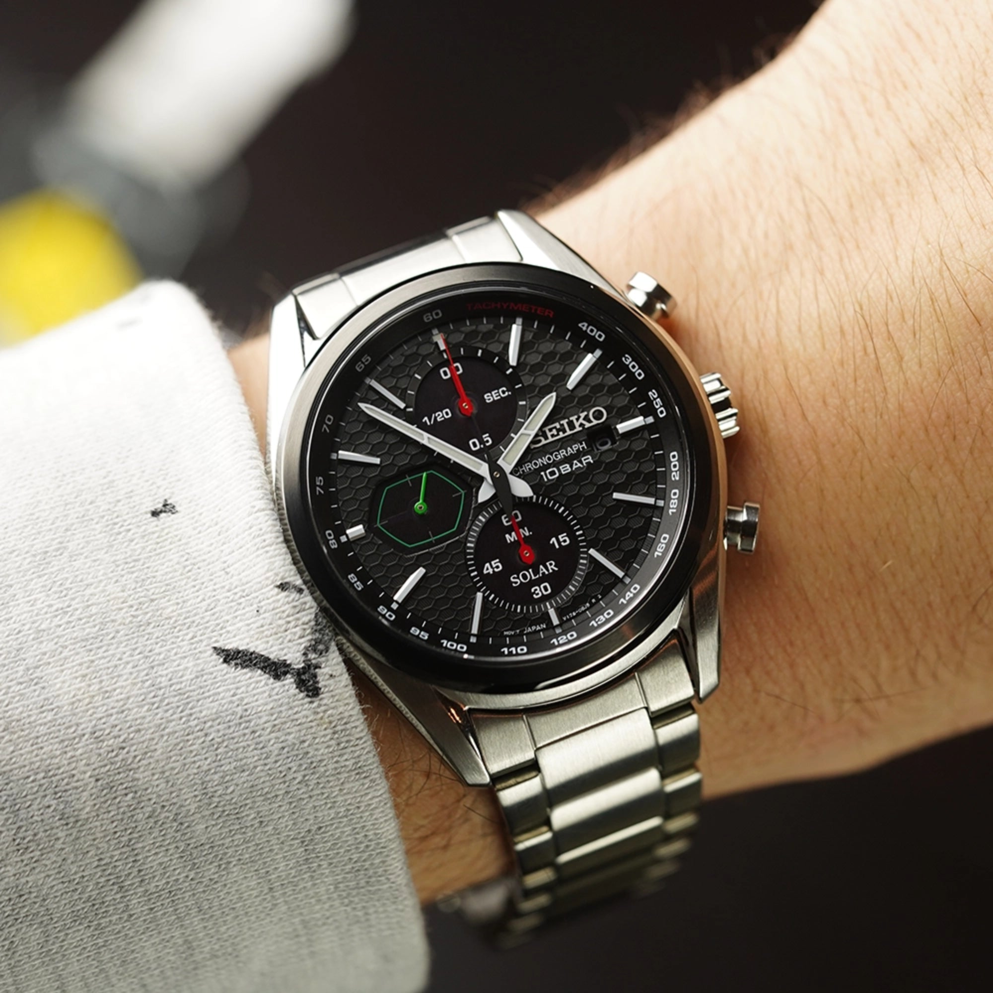 Seiko Conceptual Solar Quartz Black Chronograph Dial Steel Bracelet Men's Watch SSC803P1