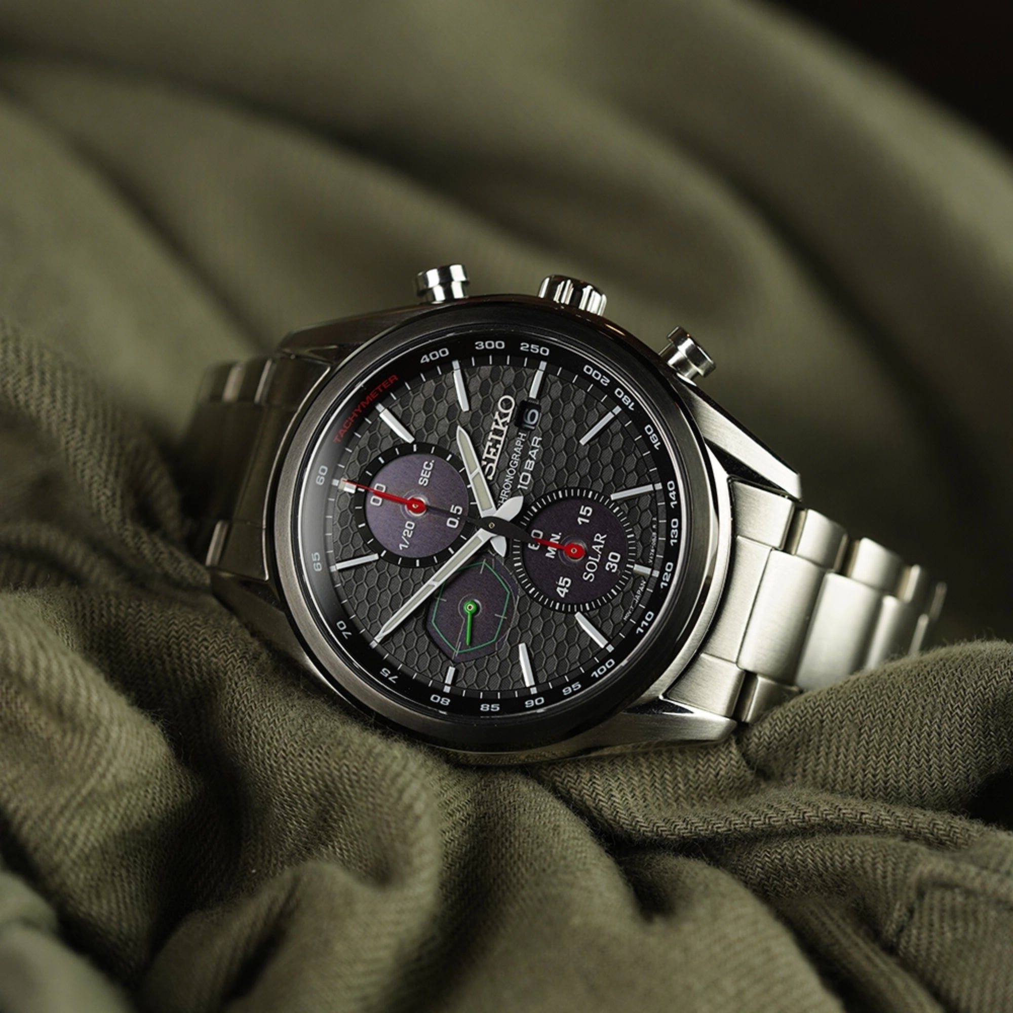 Seiko Conceptual Solar Quartz Black Chronograph Dial Steel Bracelet Men's Watch SSC803P1