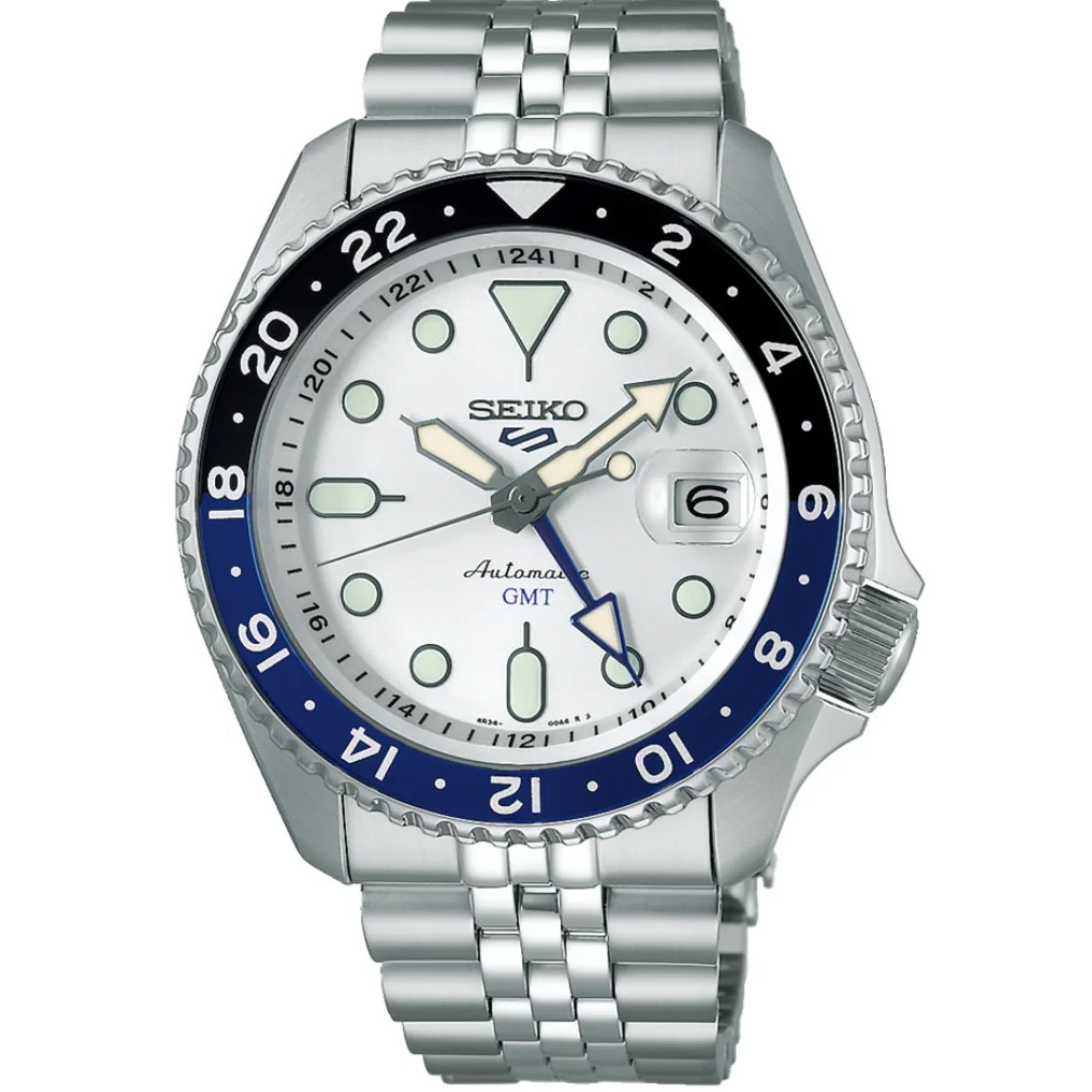 Seiko 5 Sports SKX GMT Sky Blue Silver Cloud Automatic White Dial Steel Bracelet Men’s Watch SSK033K1