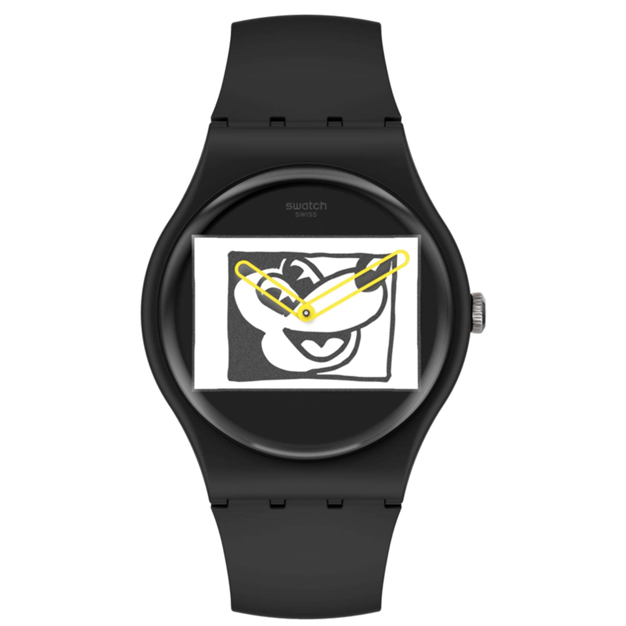 Swatch Keith Haring X Disney Mickey Mouse Blanc Sur Noir Black Dial Watch SUOZ337