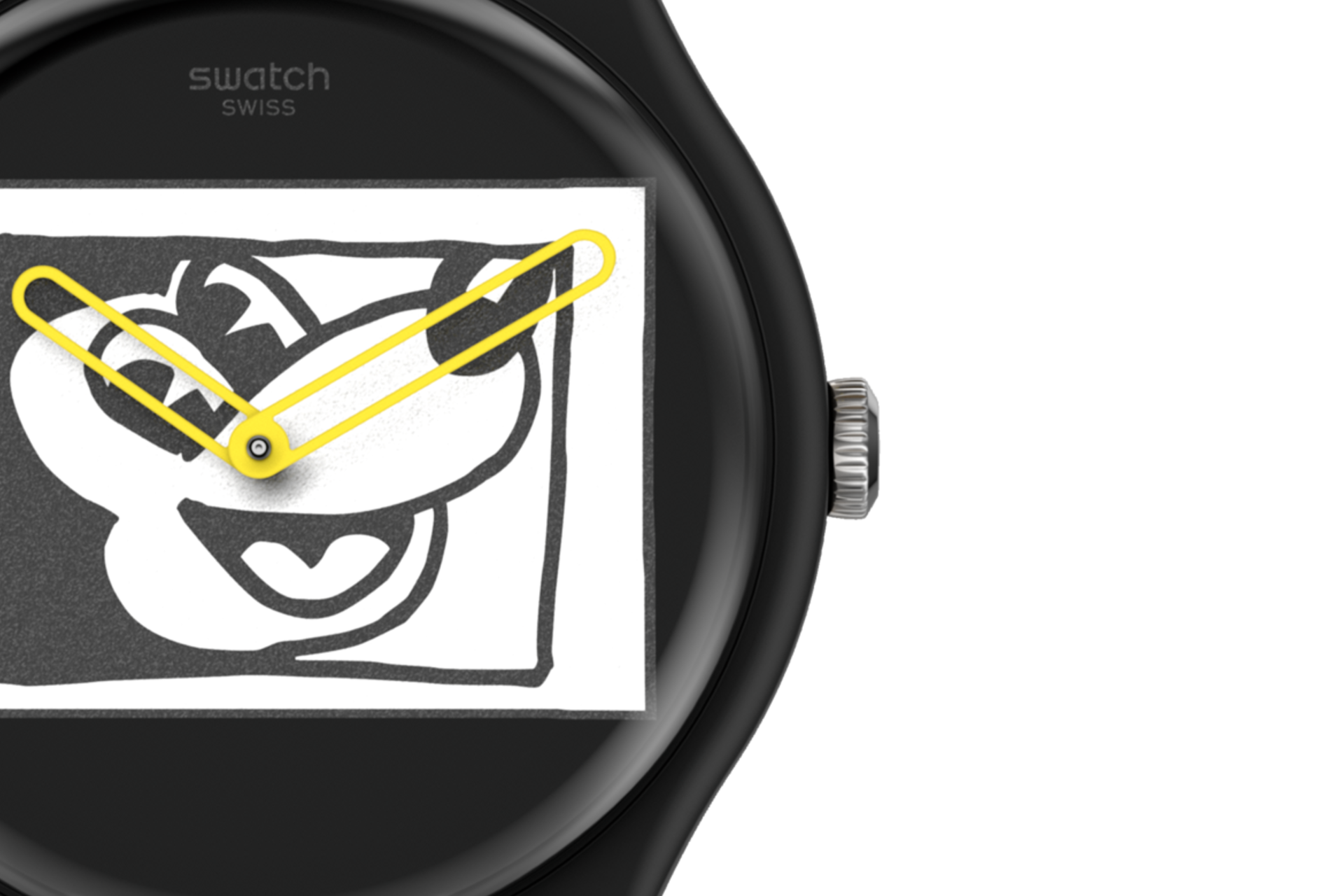 Swatch Keith Haring X Disney Mickey Mouse Blanc Sur Noir Black Dial Watch SUOZ337