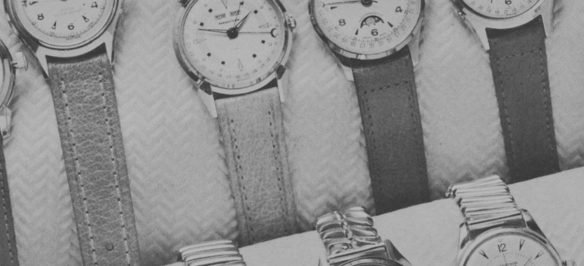 Marathon Vintage Collection mechanical wristwatches arranged in vintage display setting on textured background