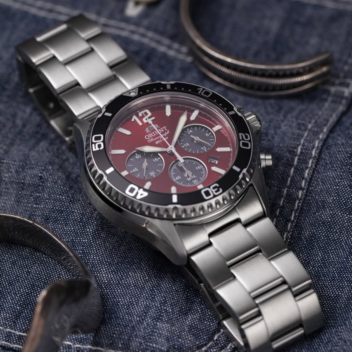 Orient Mako 43mm Chronograph Red Dial Solar Watch RA-TX0207R10B