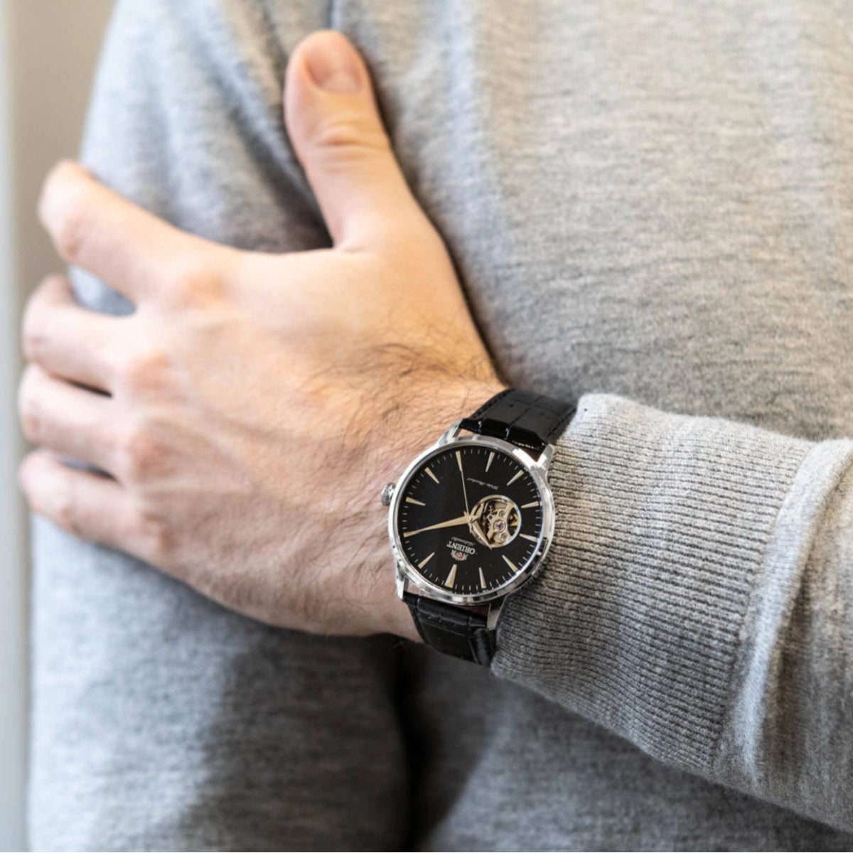 Orient Contemporary Open Heart Automatic Black Dial Leather Strap Men’s Watch TAG02004B0