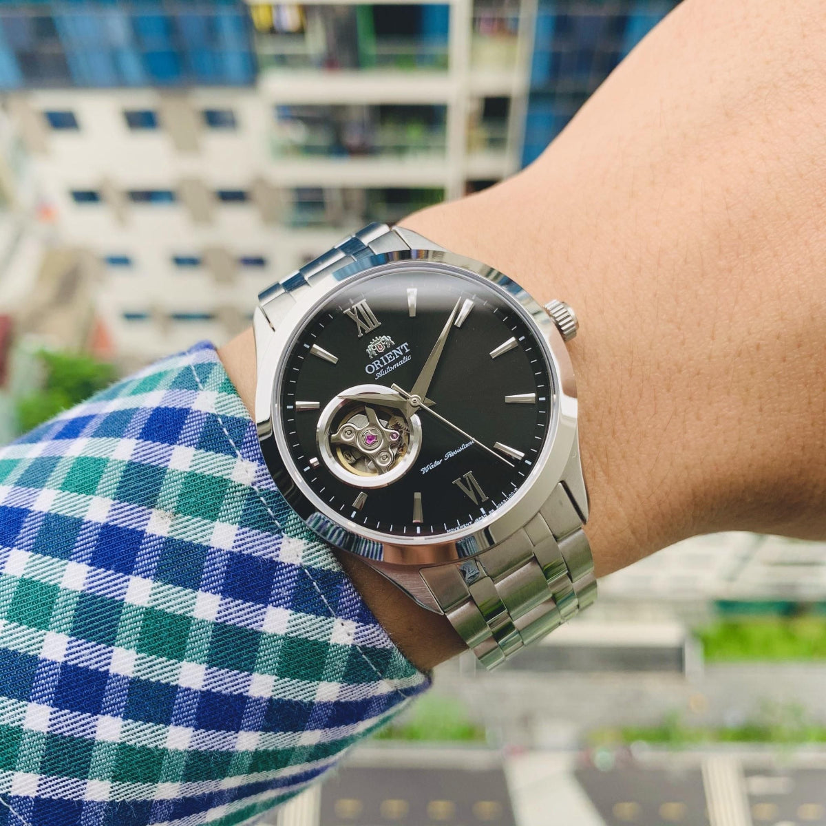 Orient Contemporary Open-Heart Automatic Black Dial Steel Strap Men's Watch TAG03001B0