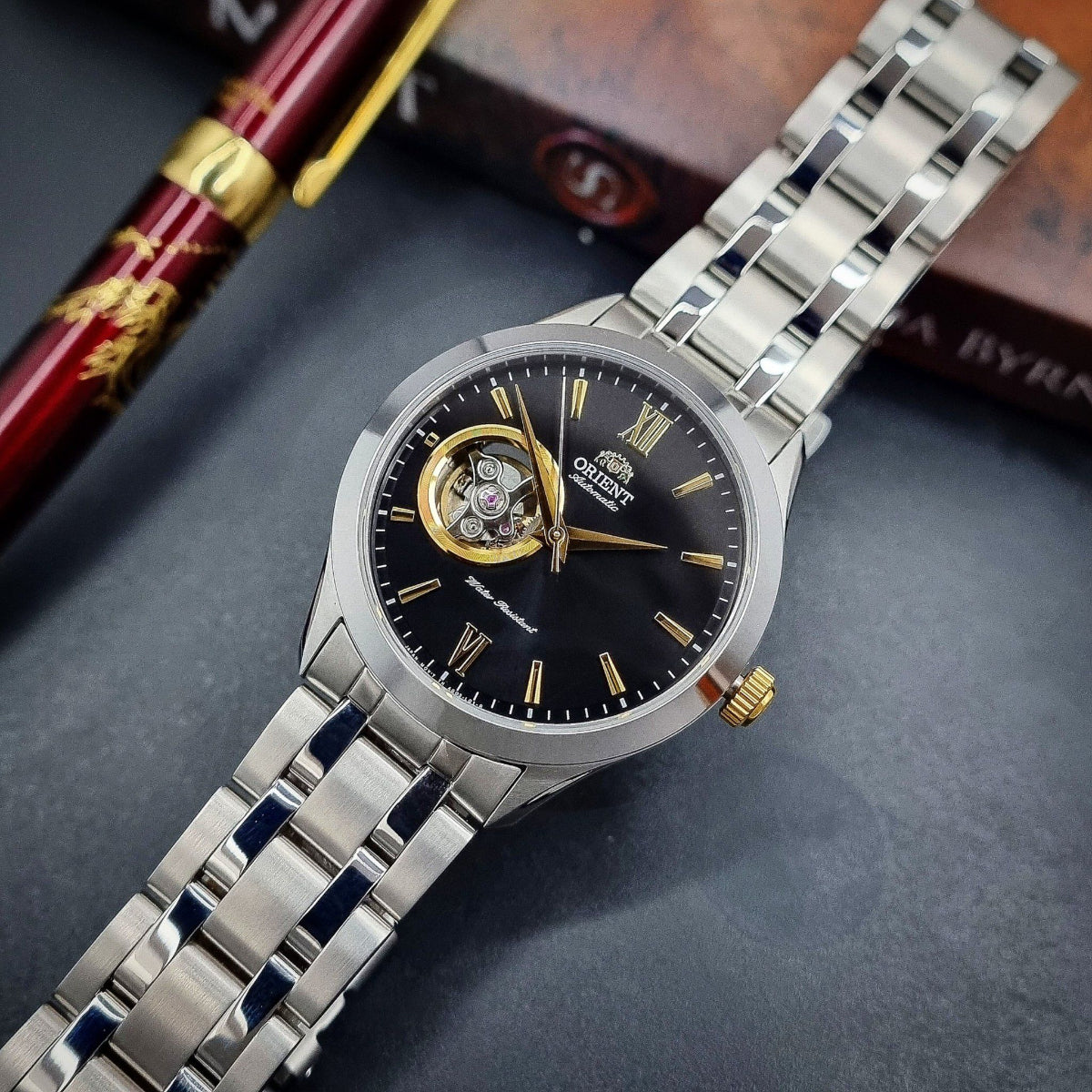 Orient Contemporary Open Heart Black Dial Steel Strap Men's Watch TAG03002B0