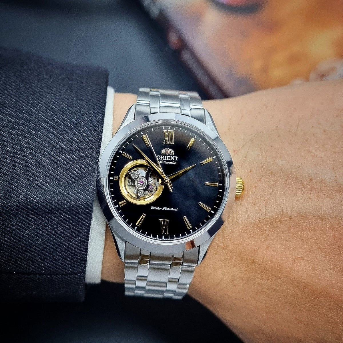 Orient Contemporary Open Heart Black Dial Steel Strap Men's Watch TAG03002B0