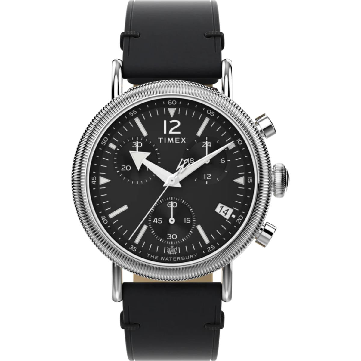 Timex Waterbury Standard Coin Edge Chronograph Black Dial Leather Strap Men's Watch TW2W20600