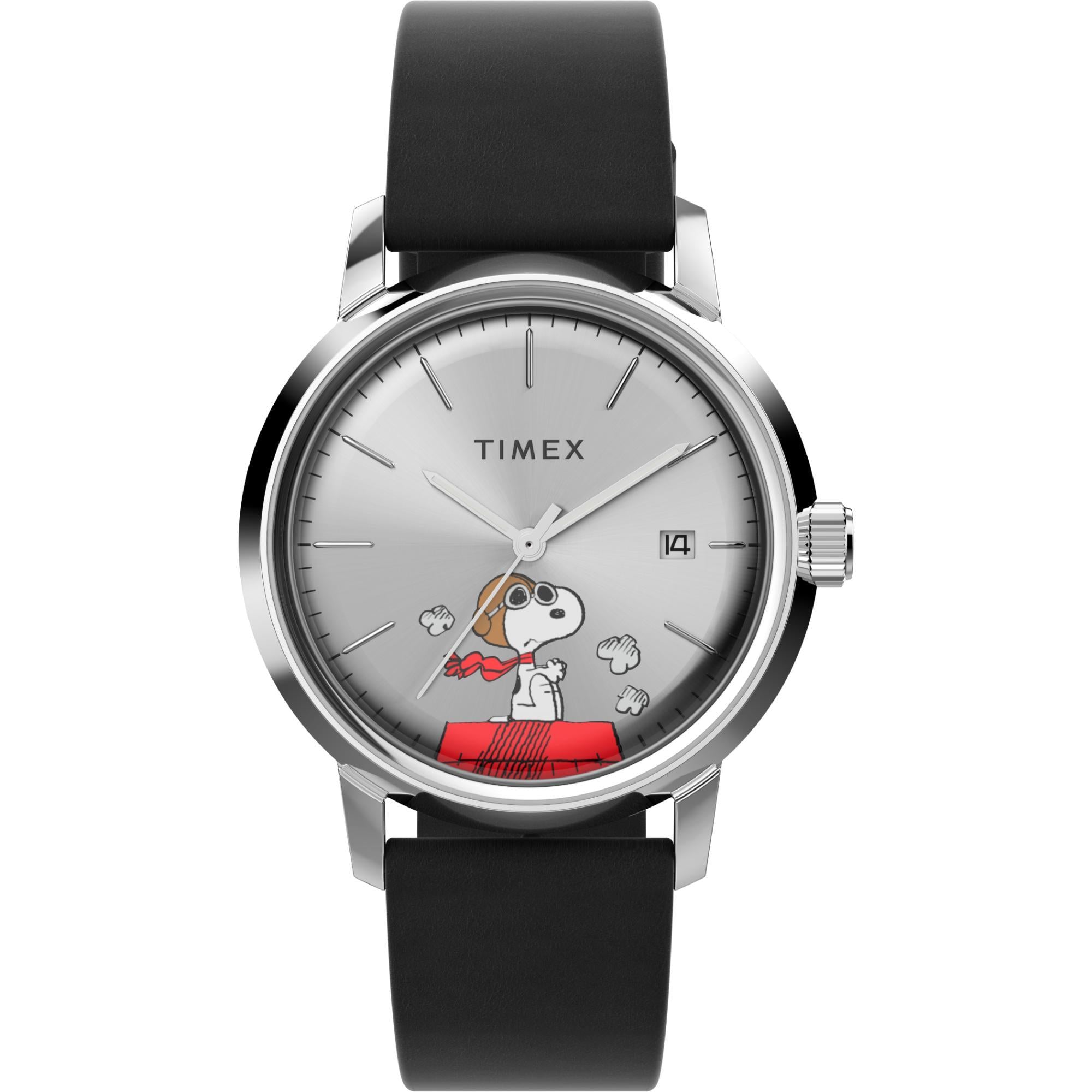 Timex Marlin Automatic Peanuts Snoopy Flying Ace Silver-Tone Leather Strap Men’s Watch TW2W49600