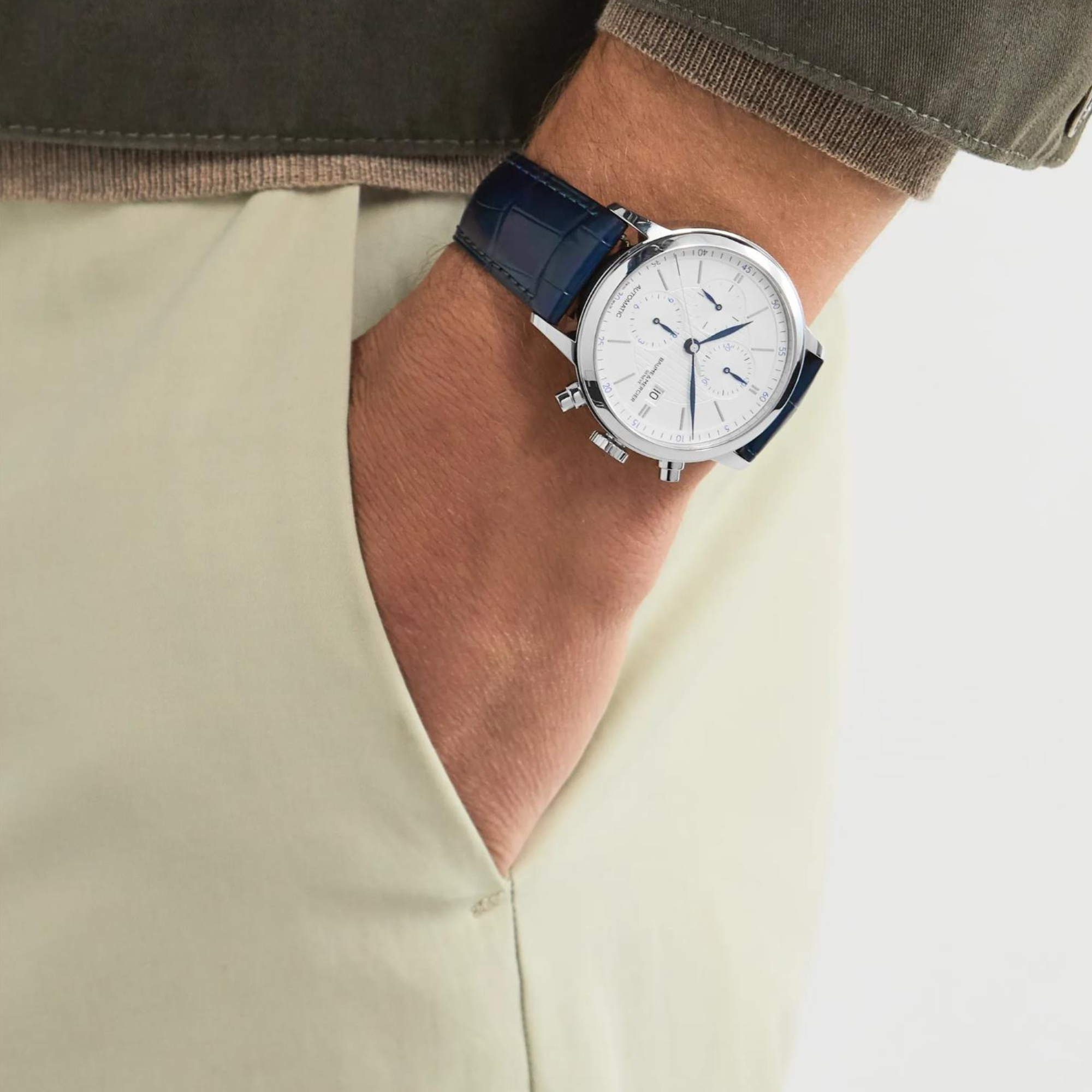 Baume & Mercier Classima Automatic Silver Chronograph Dial Blue Leather Strap Men’s Watch BM0A10330