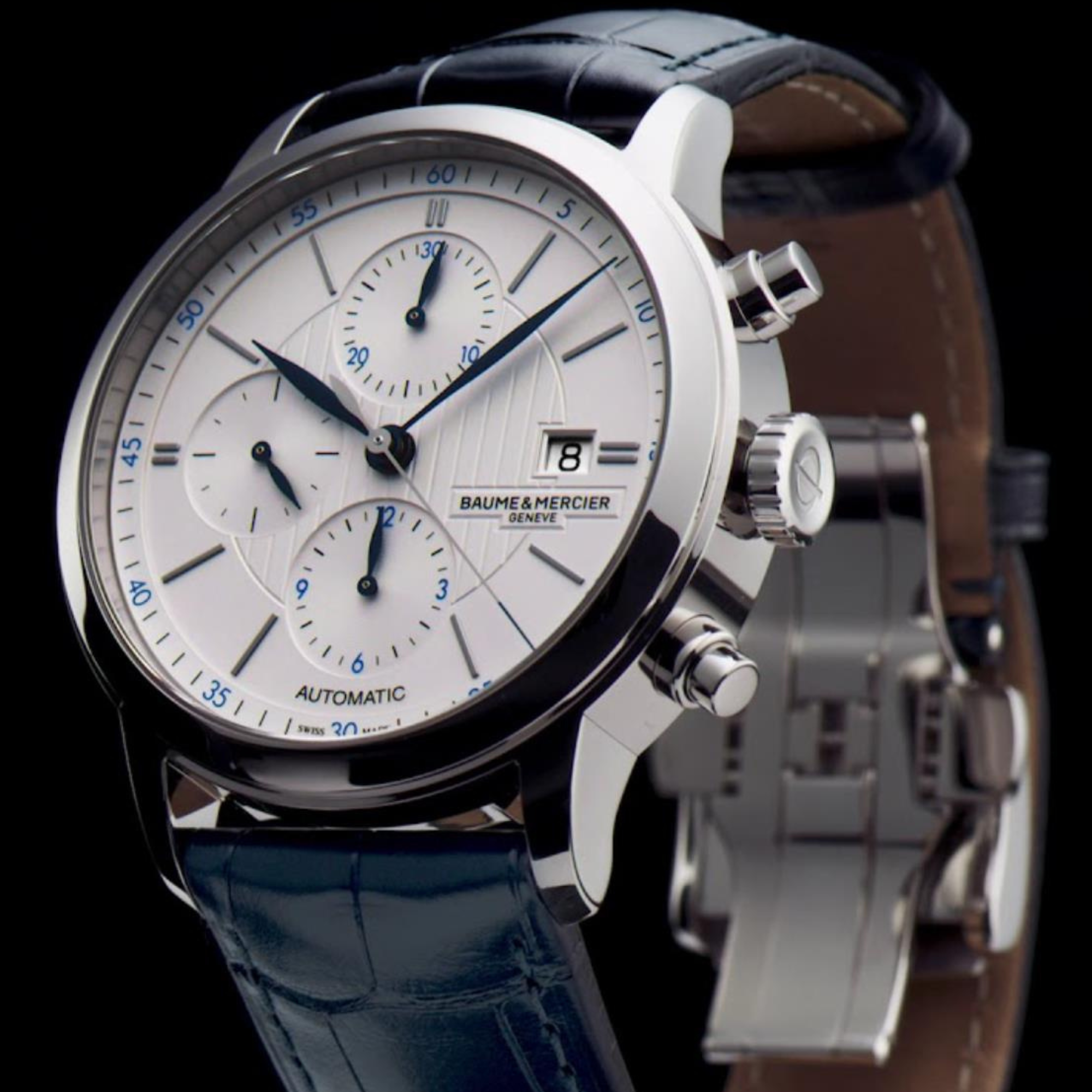 Baume & Mercier Classima Automatic Silver Chronograph Dial Blue Leather Strap Men’s Watch BM0A10330