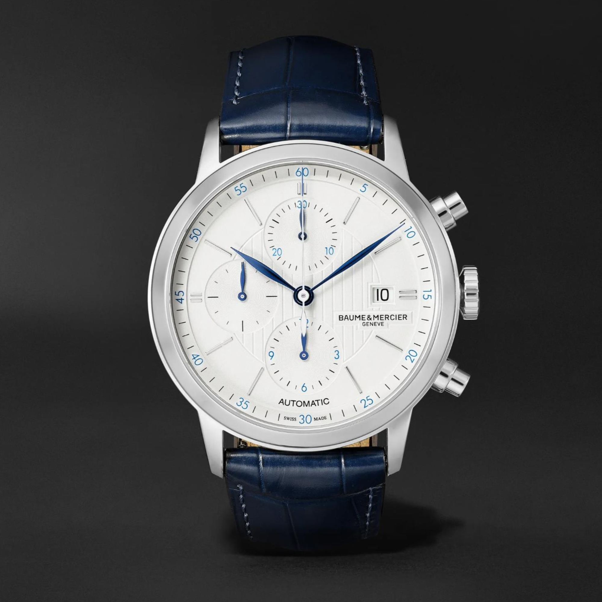 Baume & Mercier Classima Automatic Silver Chronograph Dial Blue Leather Strap Men’s Watch BM0A10330