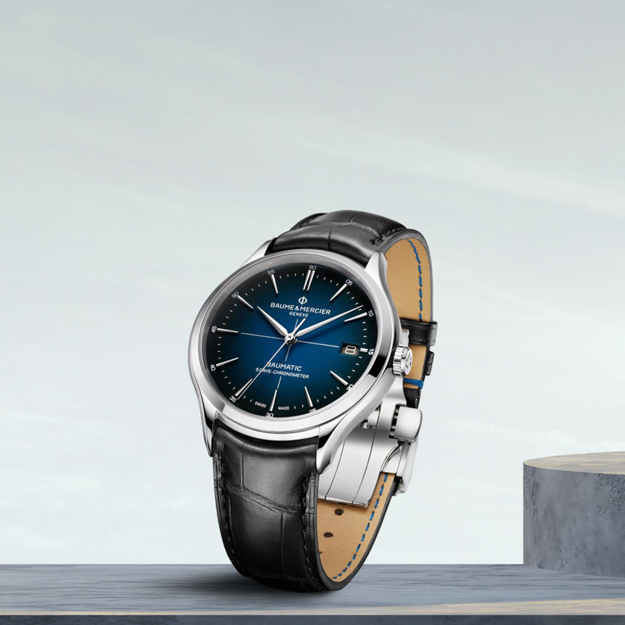 Baume & Mercier Clifton Baumatic Automatic Blue Dial Black Leather Strap Men’s Watch BM0A10467