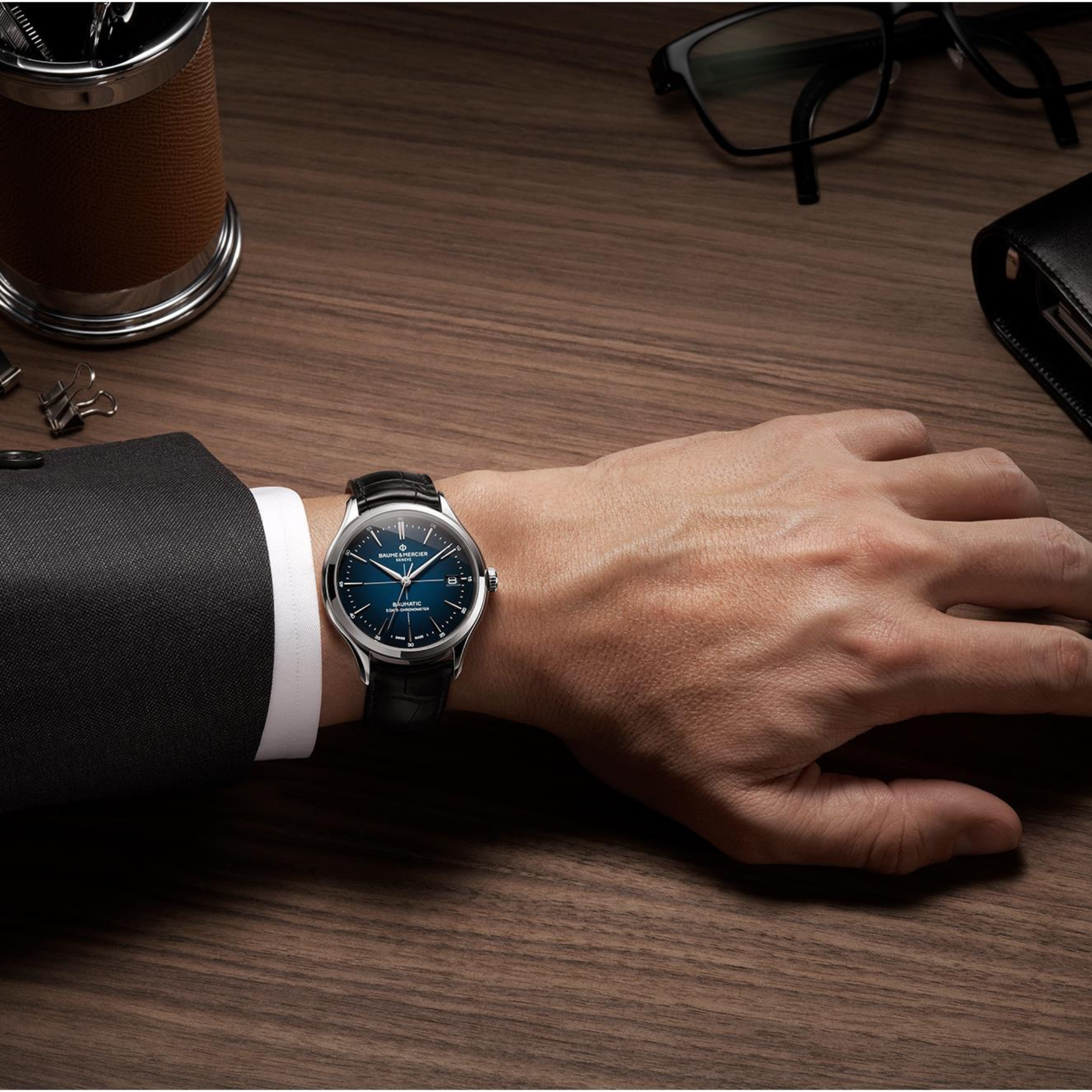 Baume & Mercier Clifton Baumatic Automatic Blue Dial Black Leather Strap Men’s Watch BM0A10467