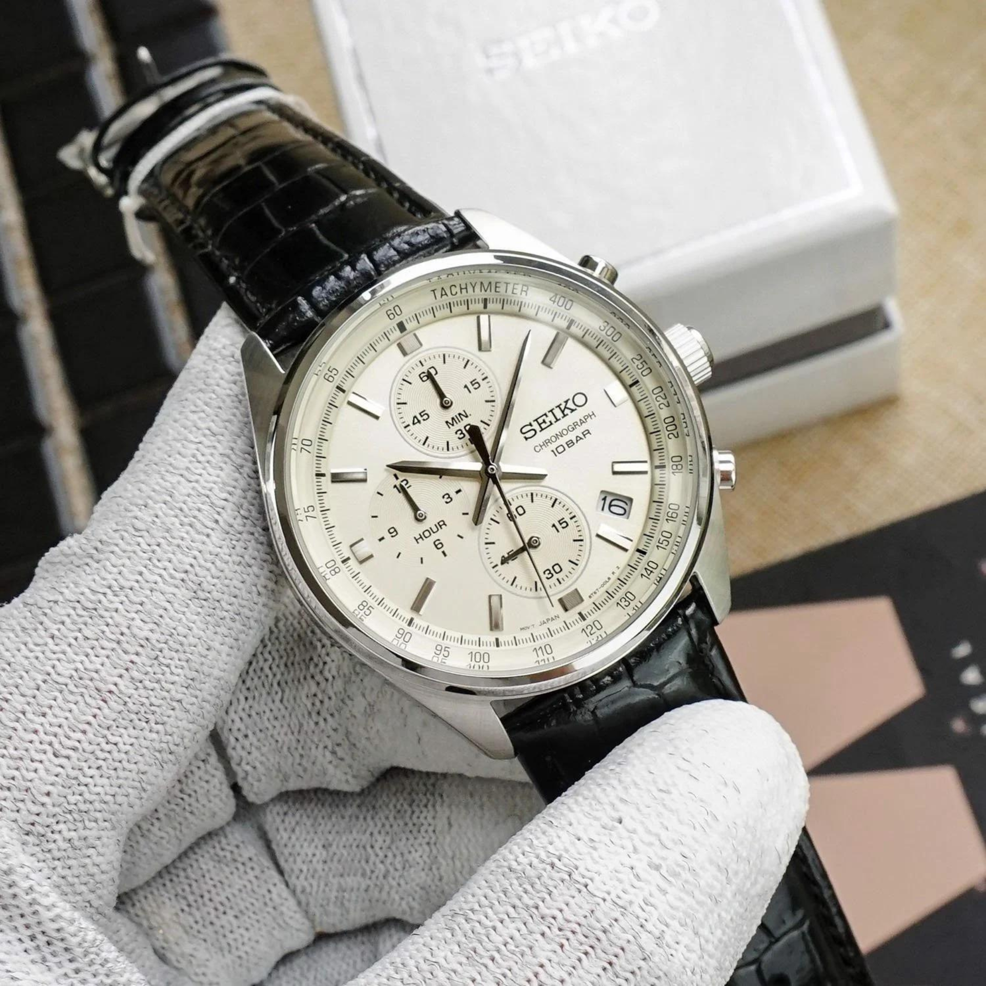 Seiko Conceptual Quartz Chronograph Beige Dial Black Leather Strap Men's Watch SSB383P1