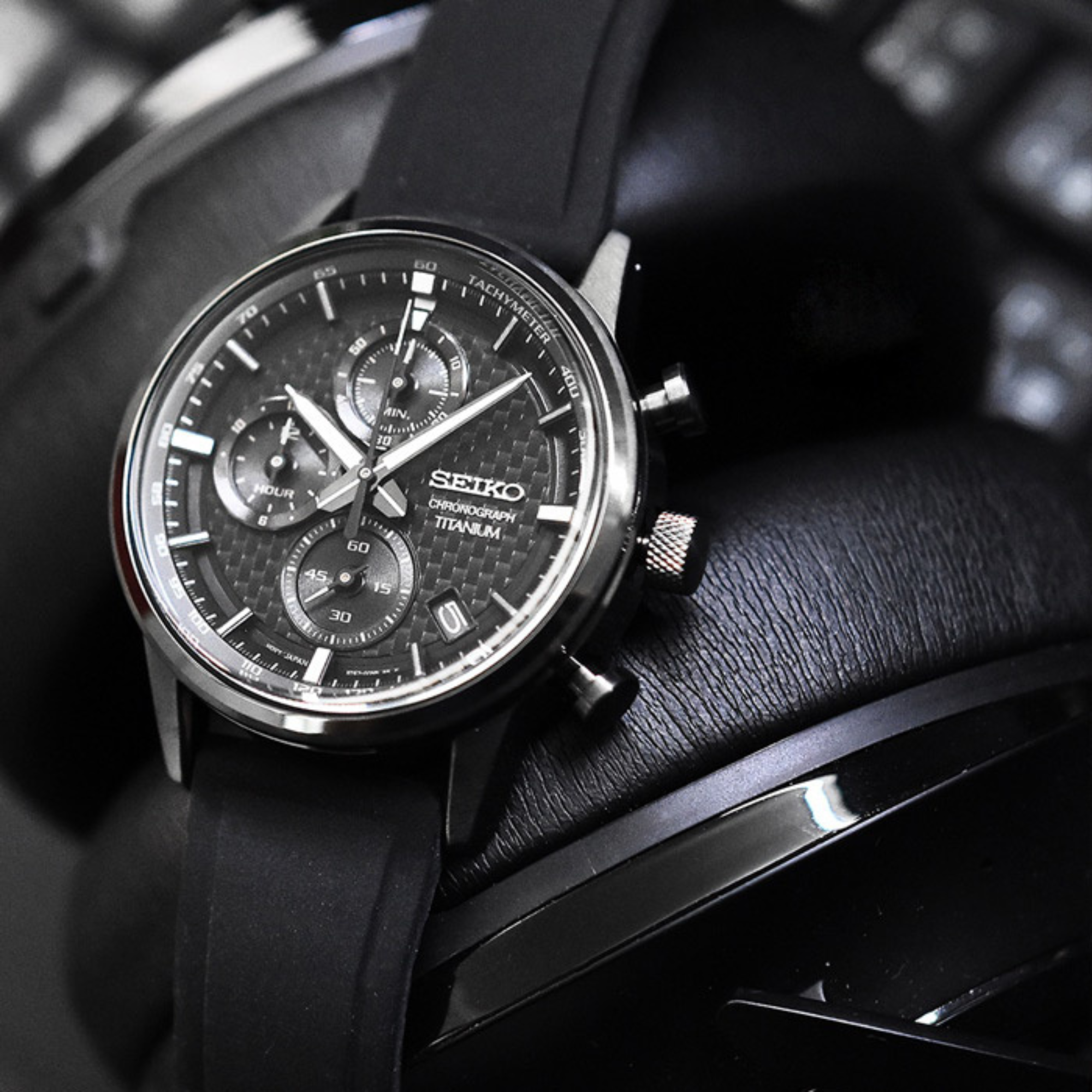 Seiko Conceptual Titanium Chronograph Black Dial Black Silicone Strap Men's Watch SSB393P1