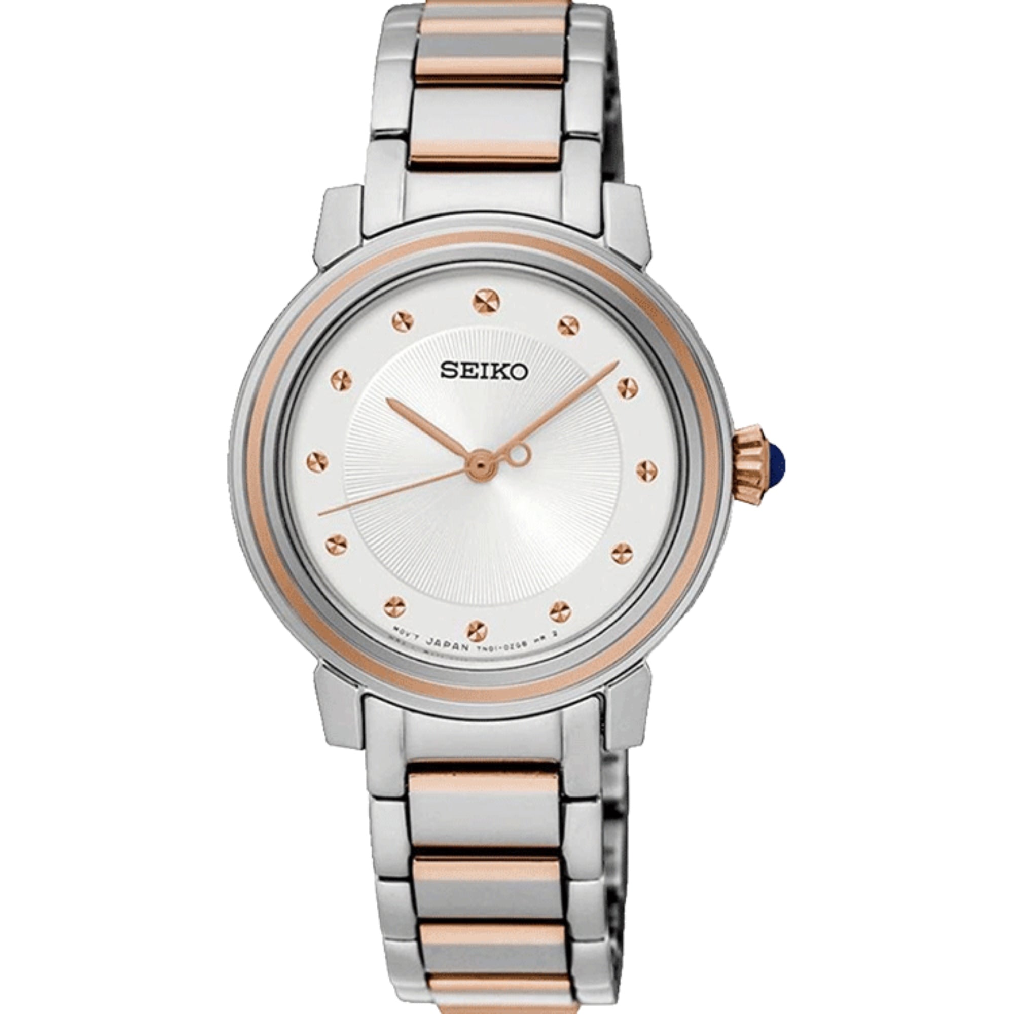 Seiko Analog Uhr mit weißem Zifferblatt und Edelstahlarmband für Damen SRZ480P1