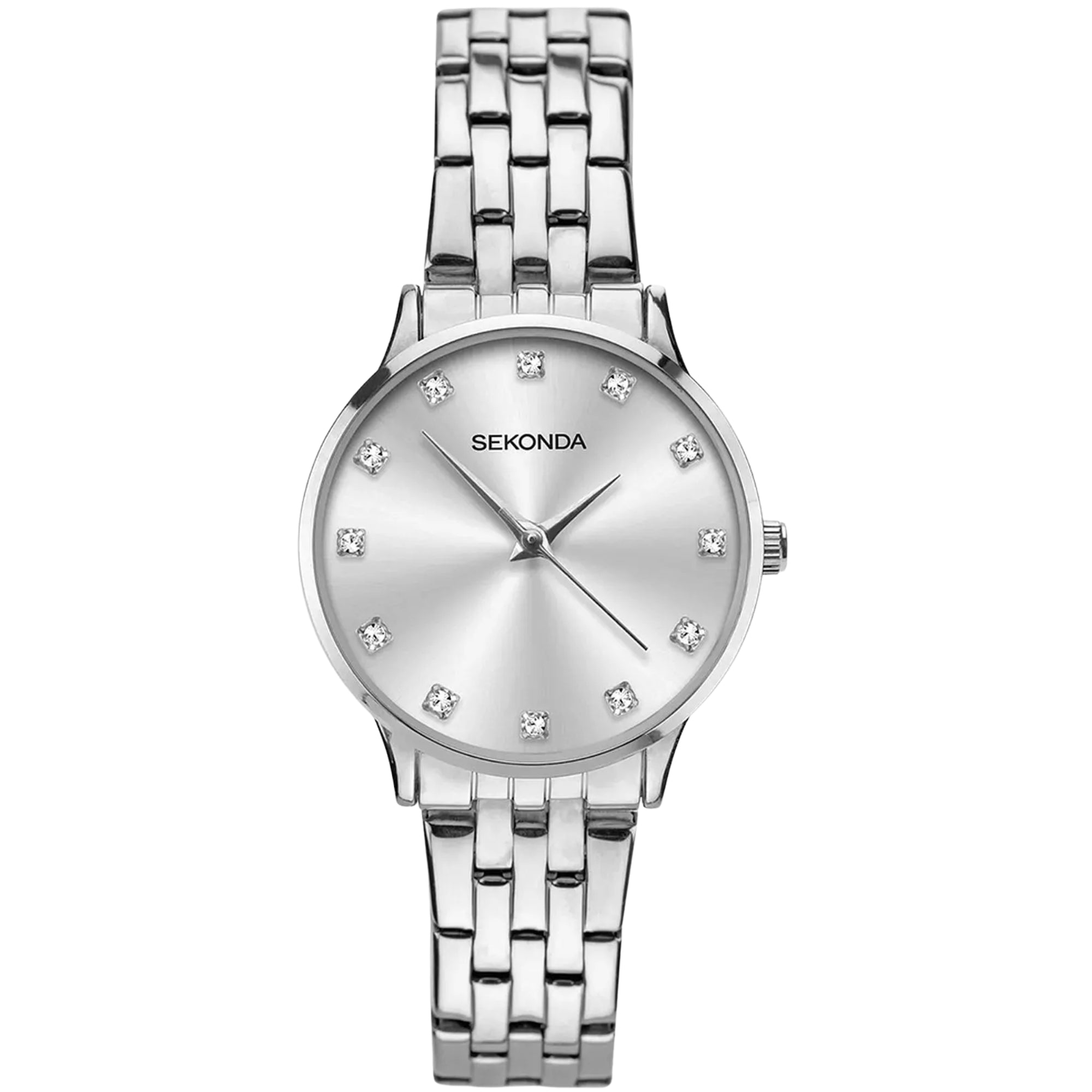 Wrist watch with silver bracelet and white face, analog hands and gem dot markers