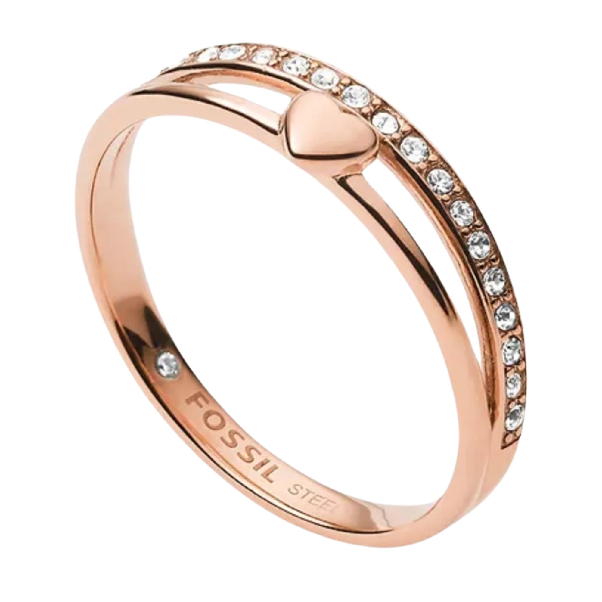 Fossil Sutton Hearts To You Rose Gold-Tone Stainless Steel Band Women's Ring JF03460791