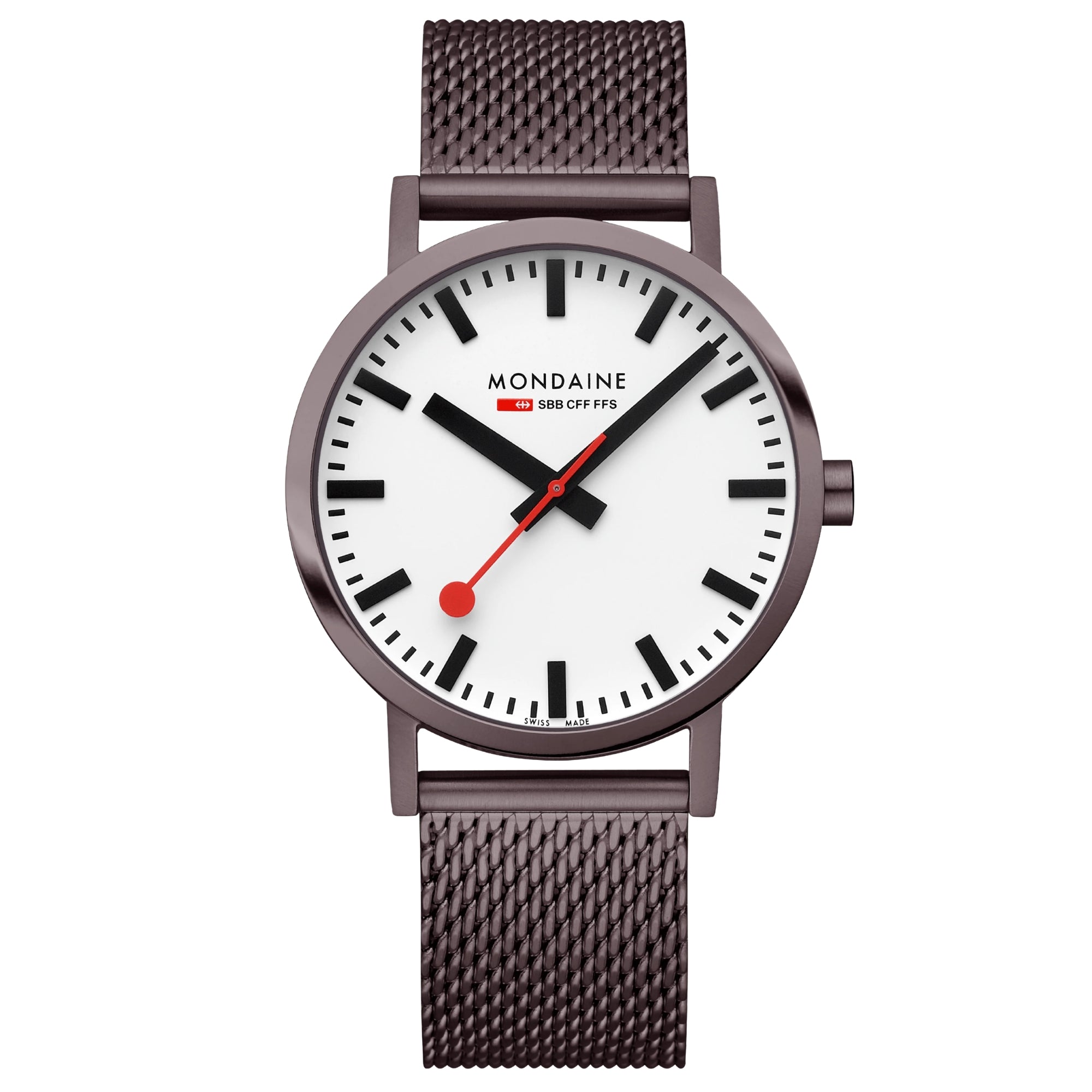 Mondaine Classic A660.30360.1BSBZ minimalist wristwatch front view highlighting white dial and red second hand