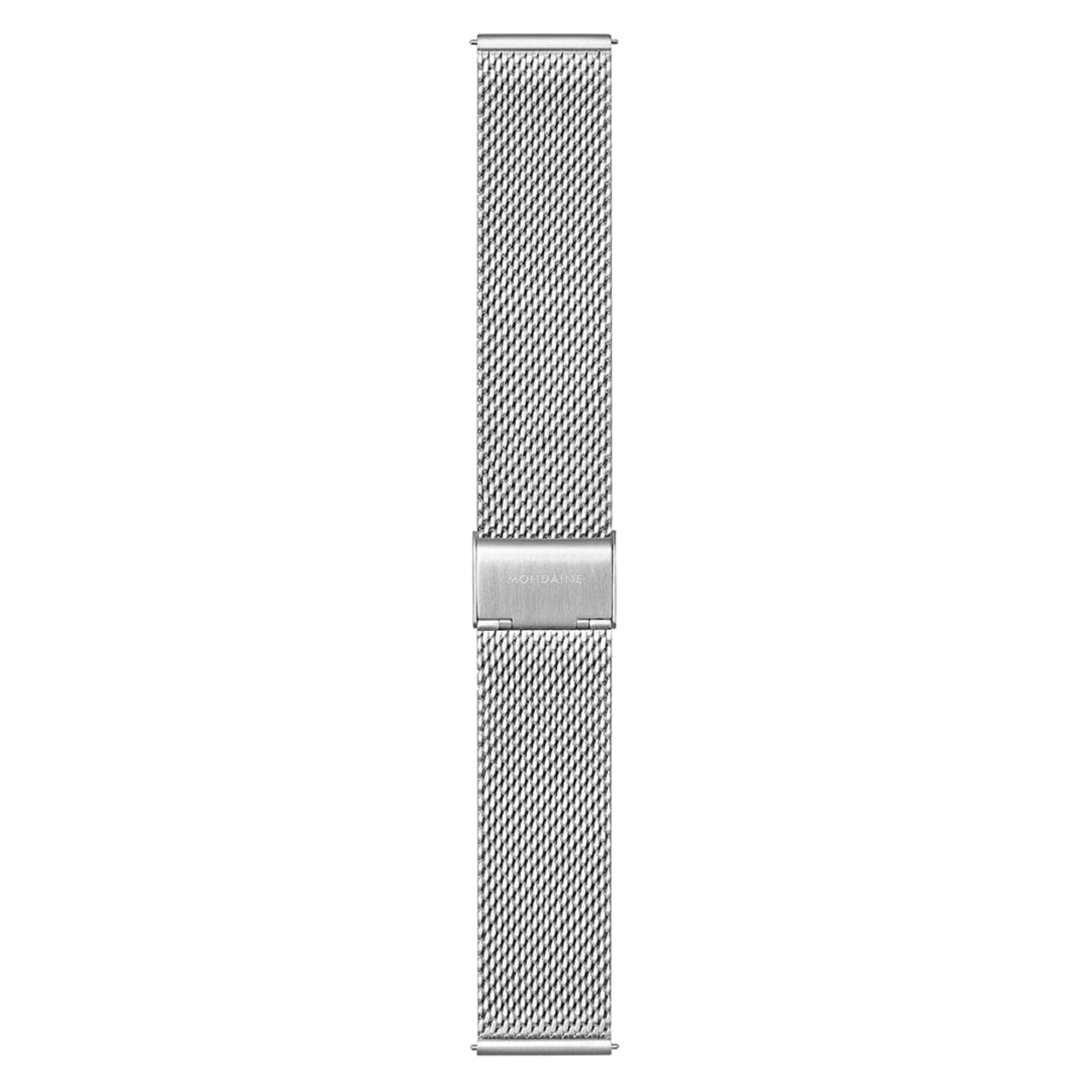 Full view of Mondaine Simply Elegant A638.30350.16SBZ silver mesh strap with engraved logo clasp