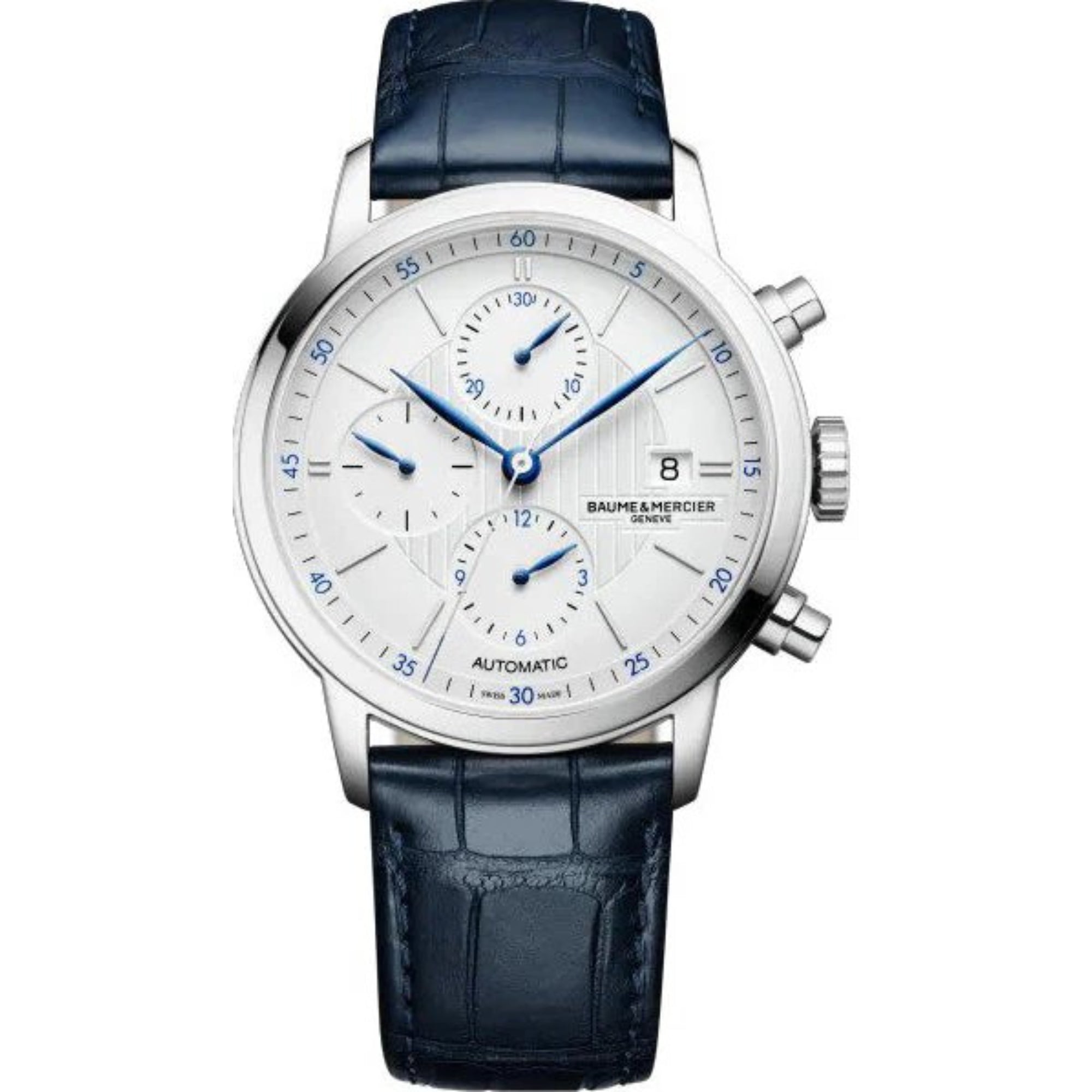 Baume & Mercier Classima Automatic Silver Chronograph Dial Blue Leather Strap Men’s Watch BM0A10330