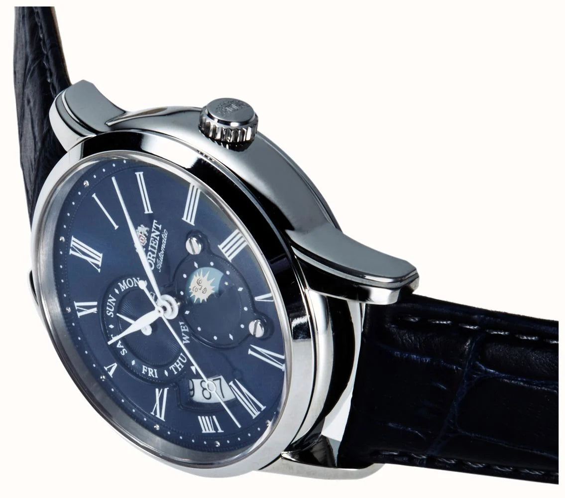 Orient Bambino Sun & Moon Mechanical Blue Dial Blue Leather Strap Men's Watch RA-AK0011D10B