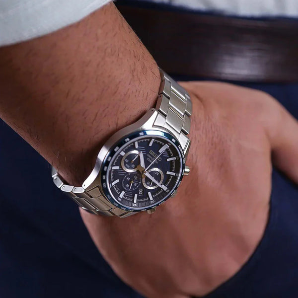 Seiko Essentials SSB445P1 Chronograph blue dial with stainless steel bracelet on wrist