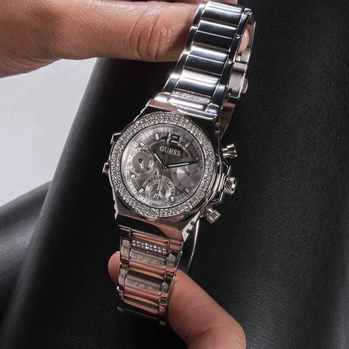 GUESS Fusion Stone Set Silver Dial Steel Strap Women's Watch GW0552L1