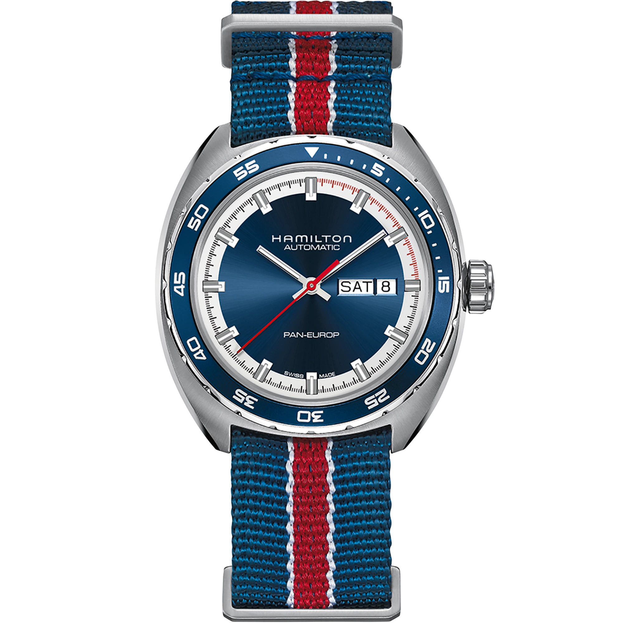 Hamilton American Classic Pan Europ Day Date Automatic Blue Dial Leather & NATO Strap Men's Watch H35405741