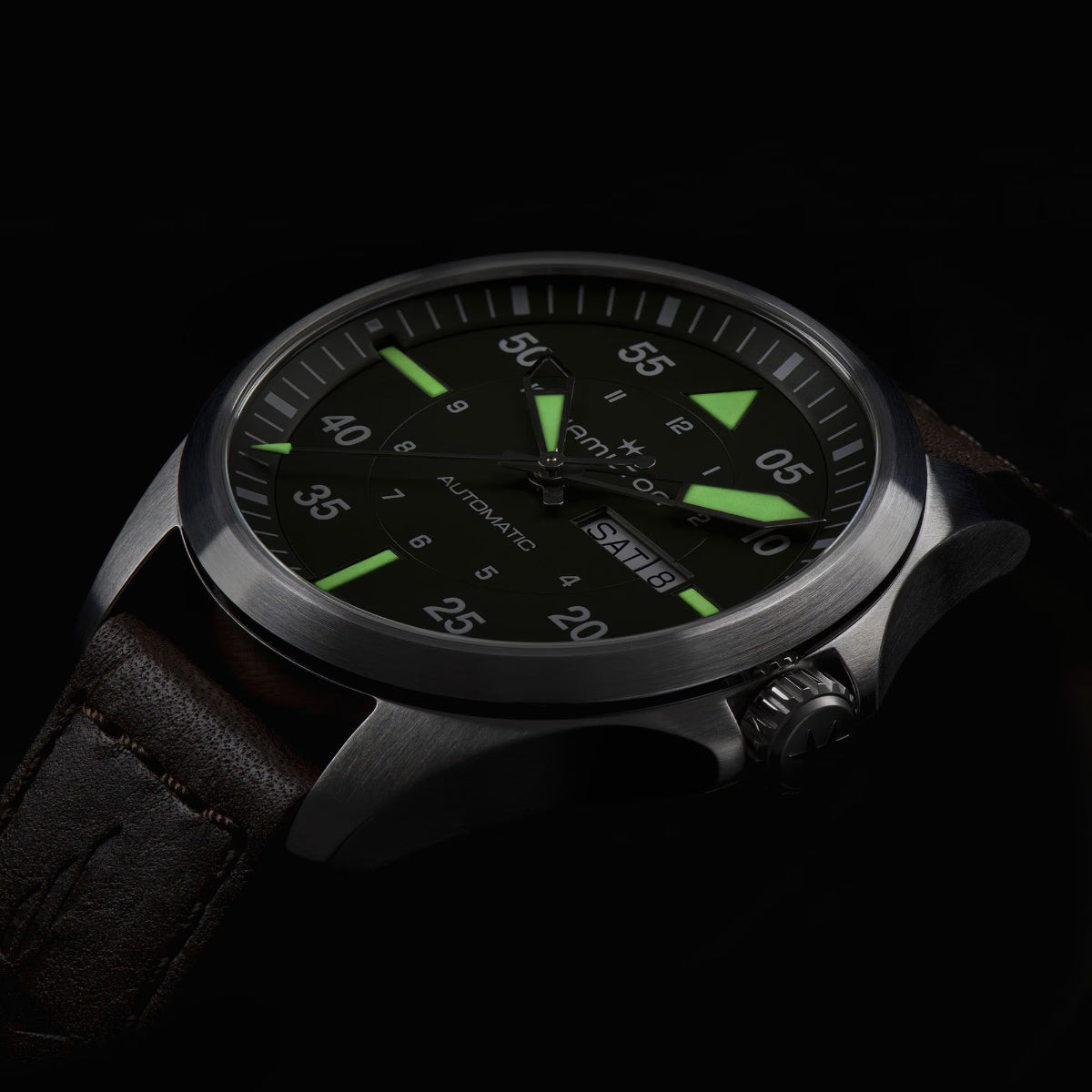Hamilton Khaki Aviation Pilot Automatic Green Dial Leather Strap Men's Watch H64635560