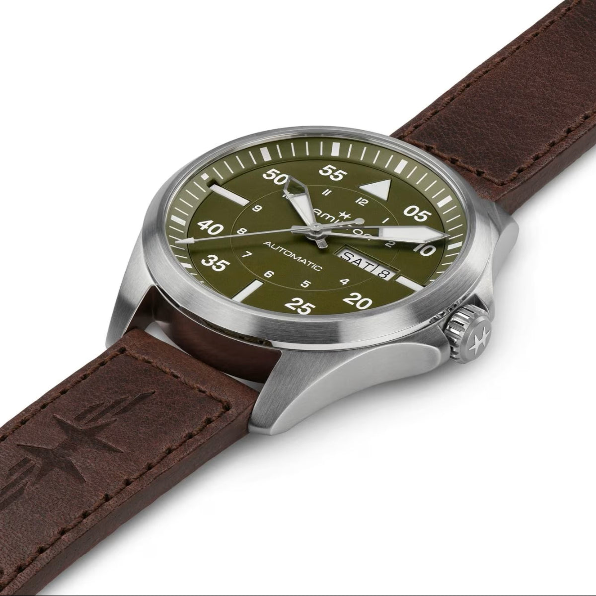 Hamilton Khaki Aviation Pilot Automatic Green Dial Leather Strap Men's Watch H64635560