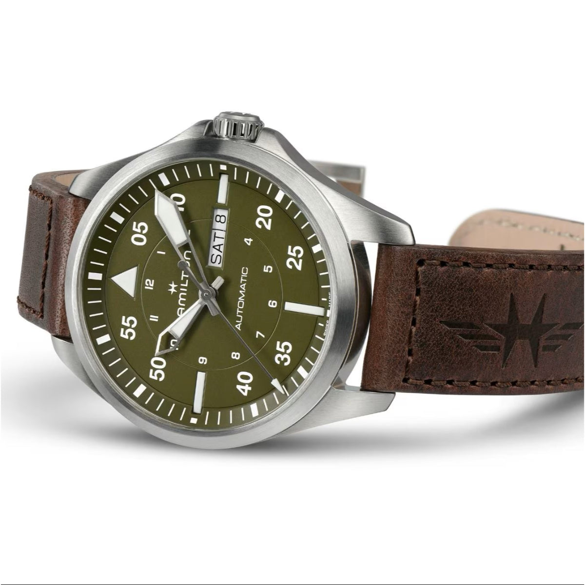 Hamilton Khaki Aviation Pilot Automatic Green Dial Leather Strap Men's Watch H64635560